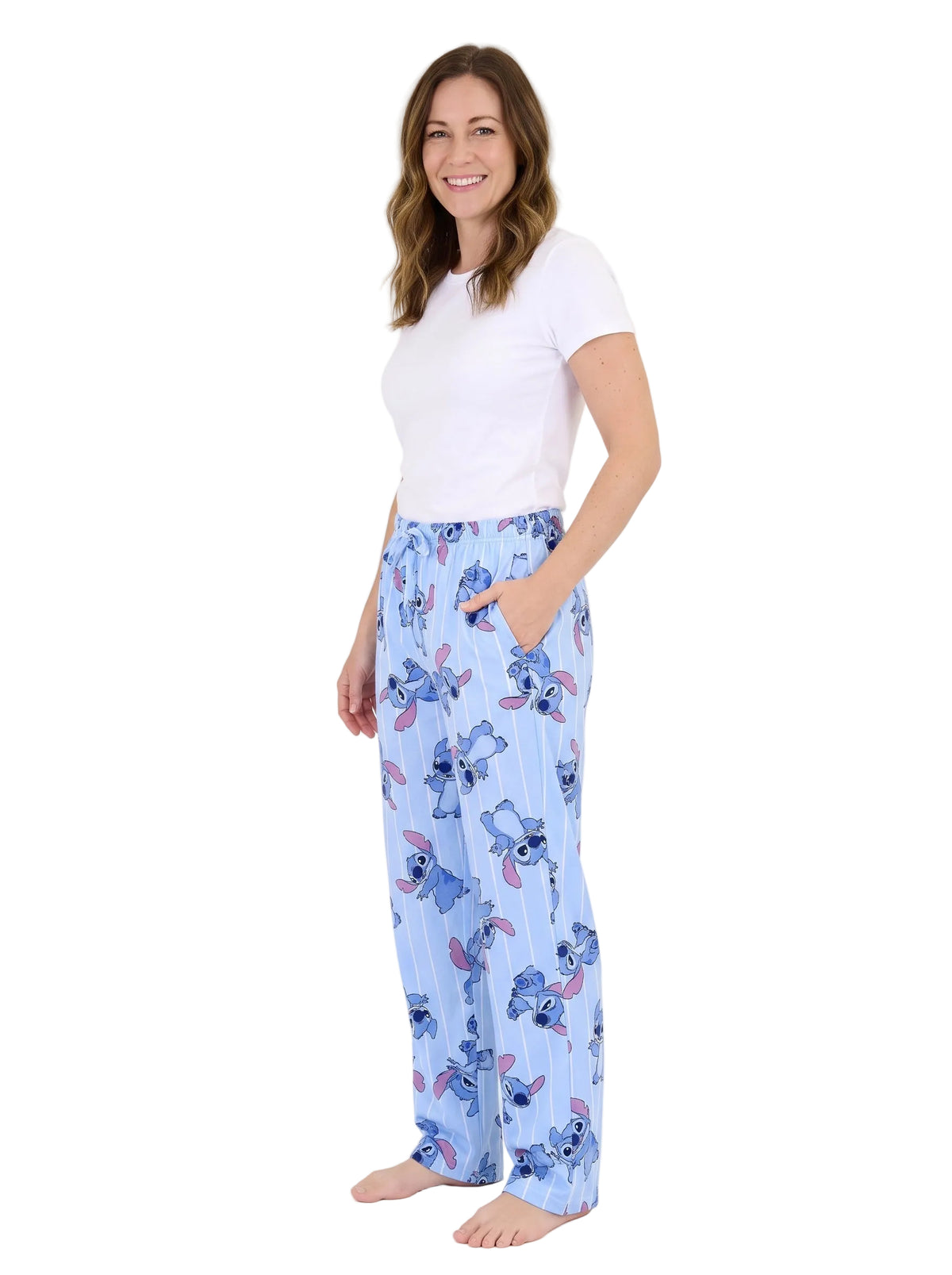 Disney Stitch Unisex Pajama Pants Light Blue Pinstripe Print Elastic Drawstring Waist Lounge Pants Adult Sizes S to XL Men and Women