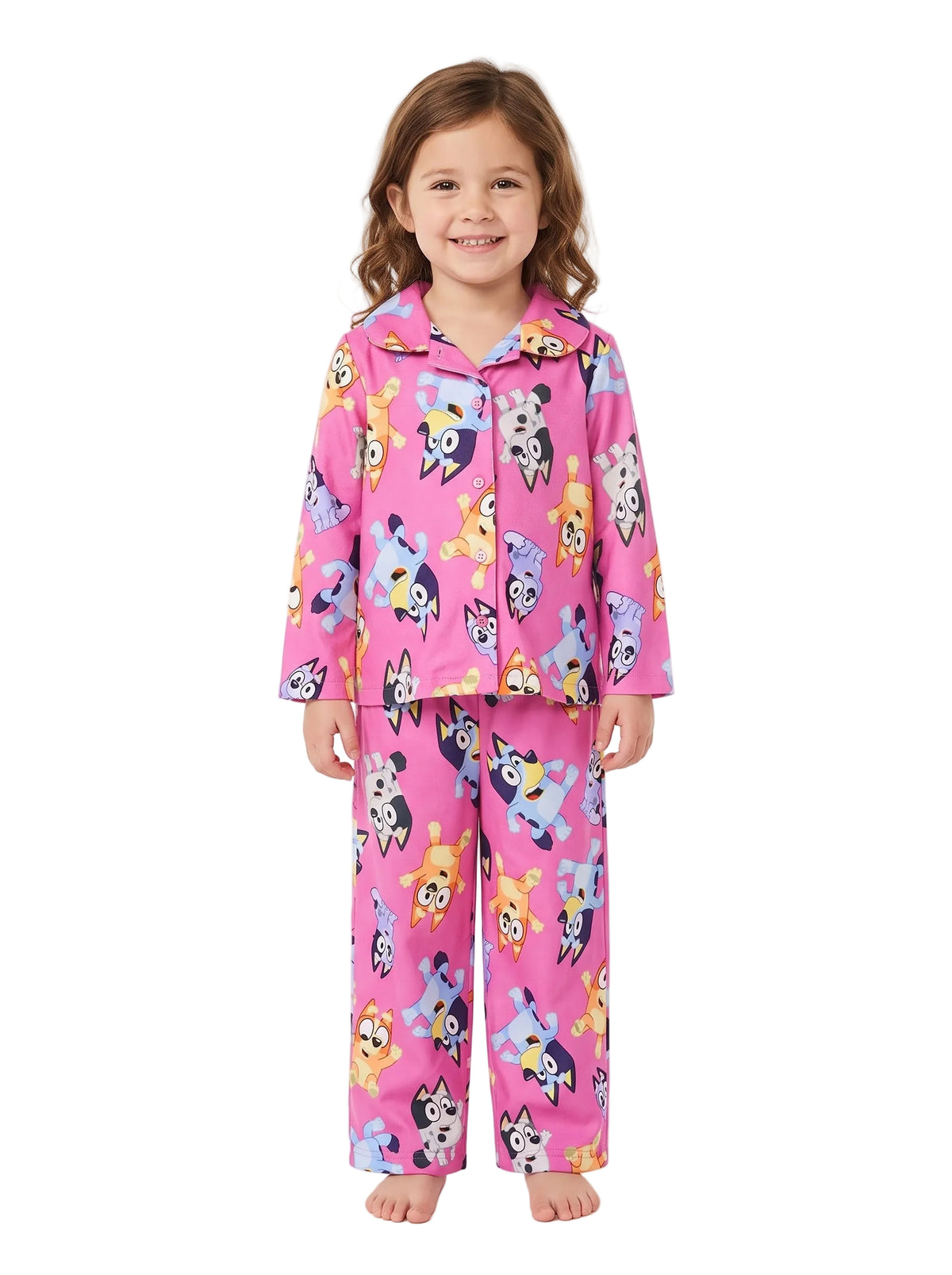 Bluey Toddler Girls Pink Two-Piece Button-Front Pajama Set with Long Sleeves and Elastic Waist Pants, Character Print, Sizes 2T-4T