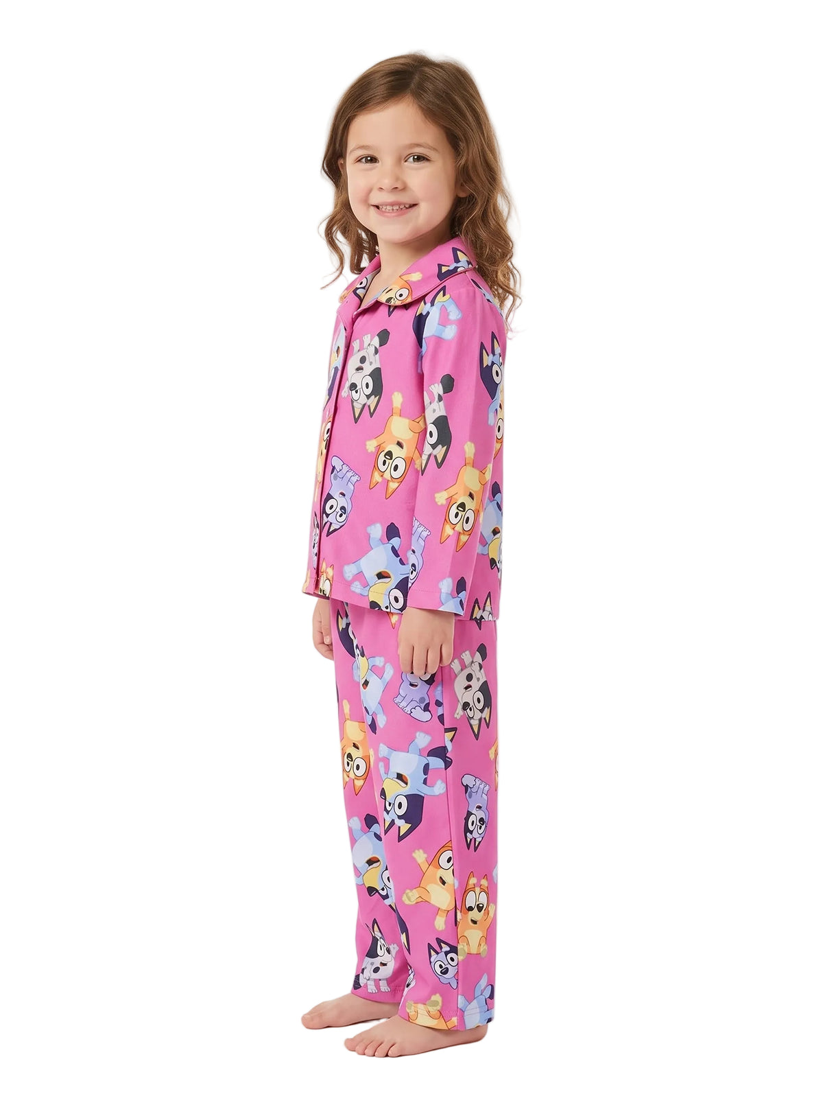 Bluey Toddler Girls Pink Two-Piece Button-Front Pajama Set with Long Sleeves and Elastic Waist Pants, Character Print, Sizes 2T-4T