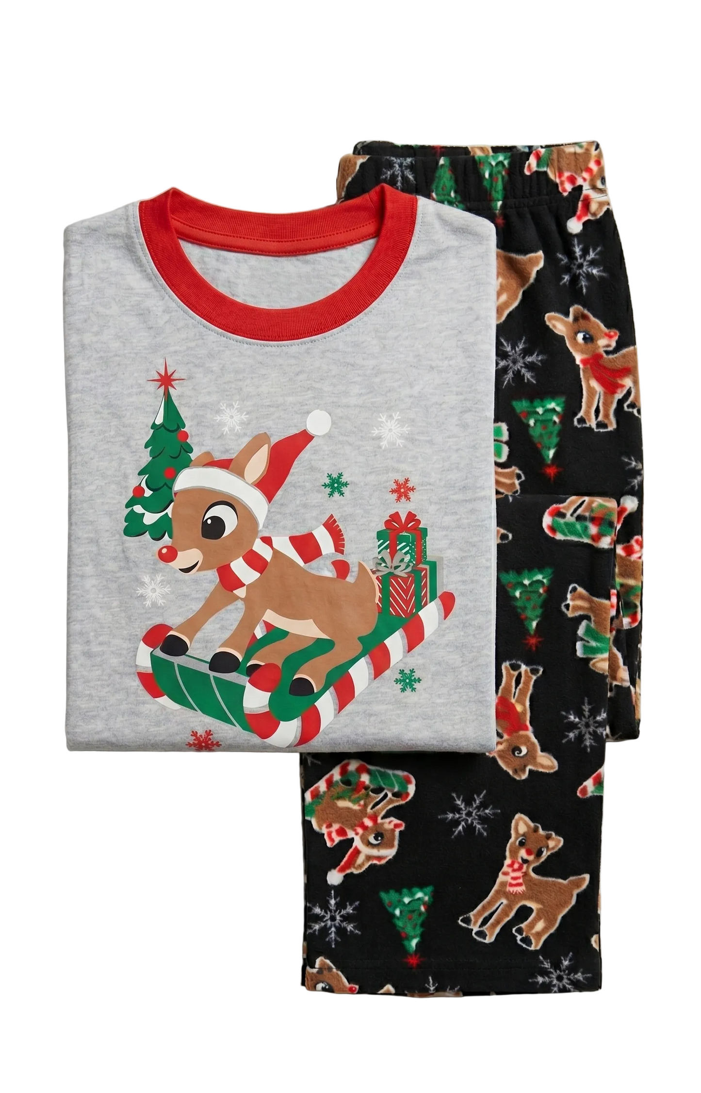 Rudolph the Red-Nosed Reindeer Boys 2-Piece Christmas Pajama Set, Long Sleeve Reindeer Sleigh Graphic Top and Fleece Pants, Gray/Red