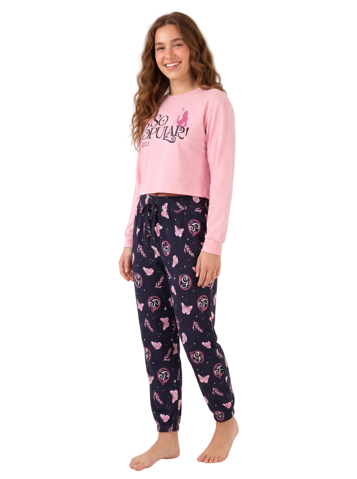 Wicked So Popular Women's Pajama Set Long Sleeve Pink Top and Navy Butterfly Print Jogger Pants Sleepwear Sizes S-XL