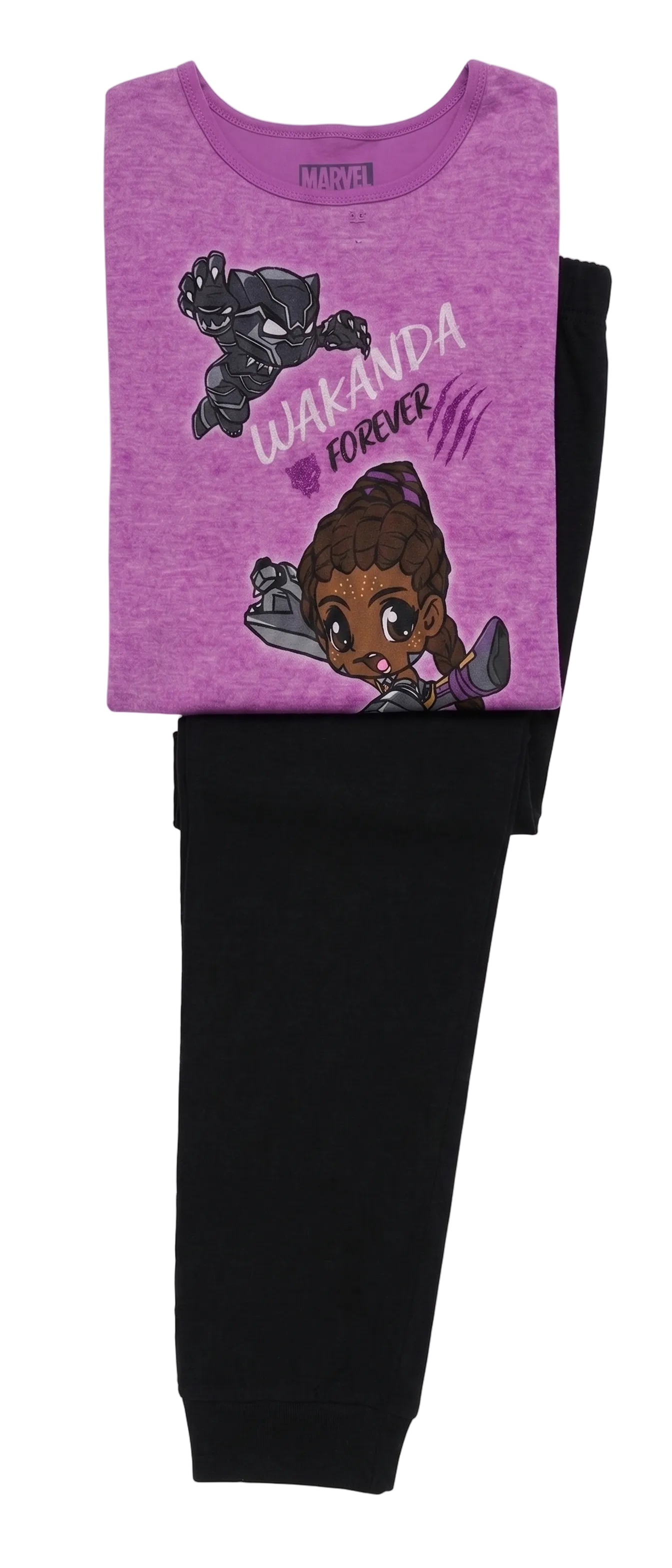 Marvel Black Panther Wakanda Forever Girls 2-Piece Pajama Set, Shuri and Black Panther Graphic Tee and Jogger Pants, Purple and Black