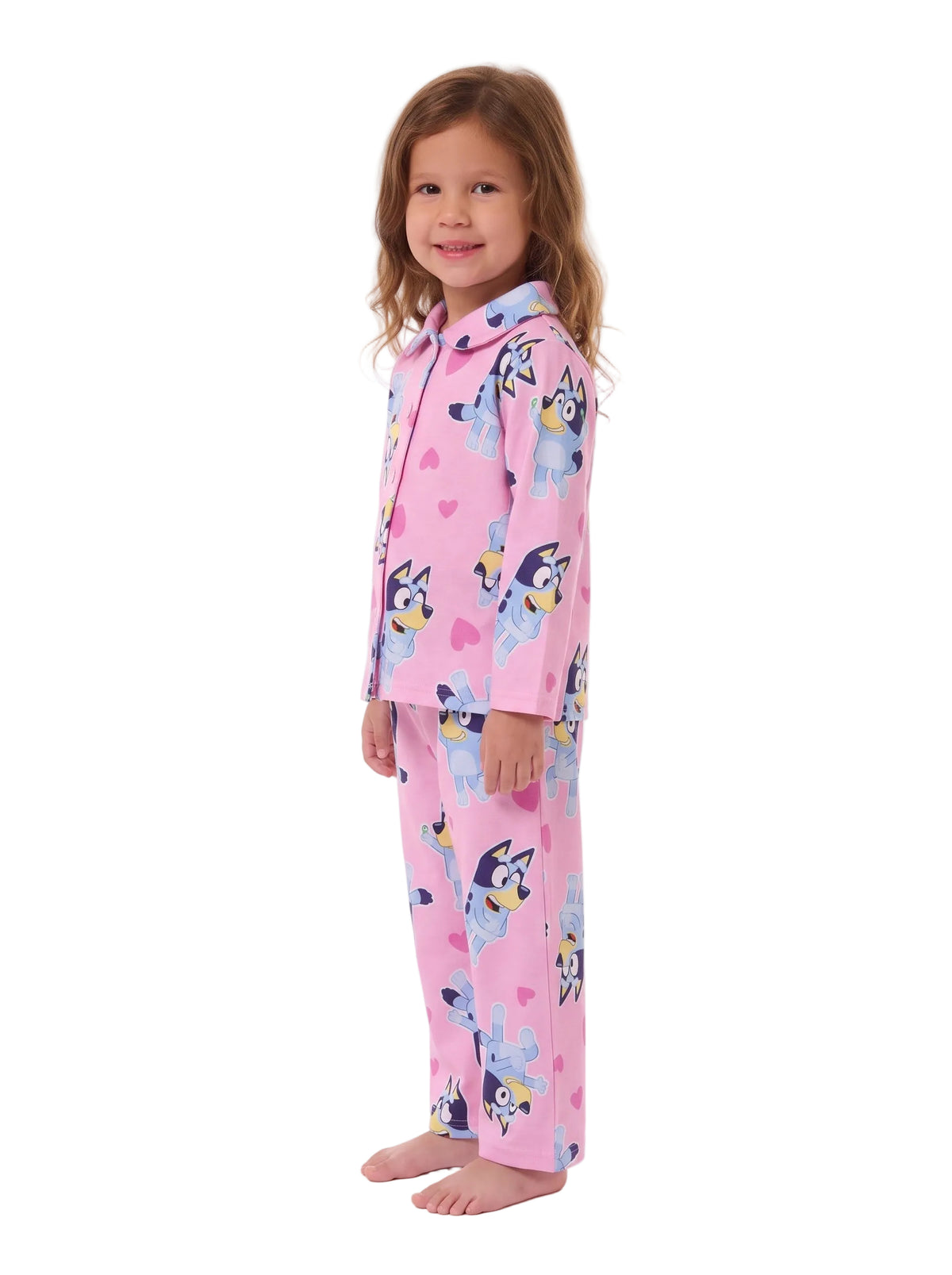 Bluey Girls Toddler Pajama Set Pink Button-Up Top and Pants Hearts Print Long Sleeve Coat Style Sleepwear Size 2T-4T