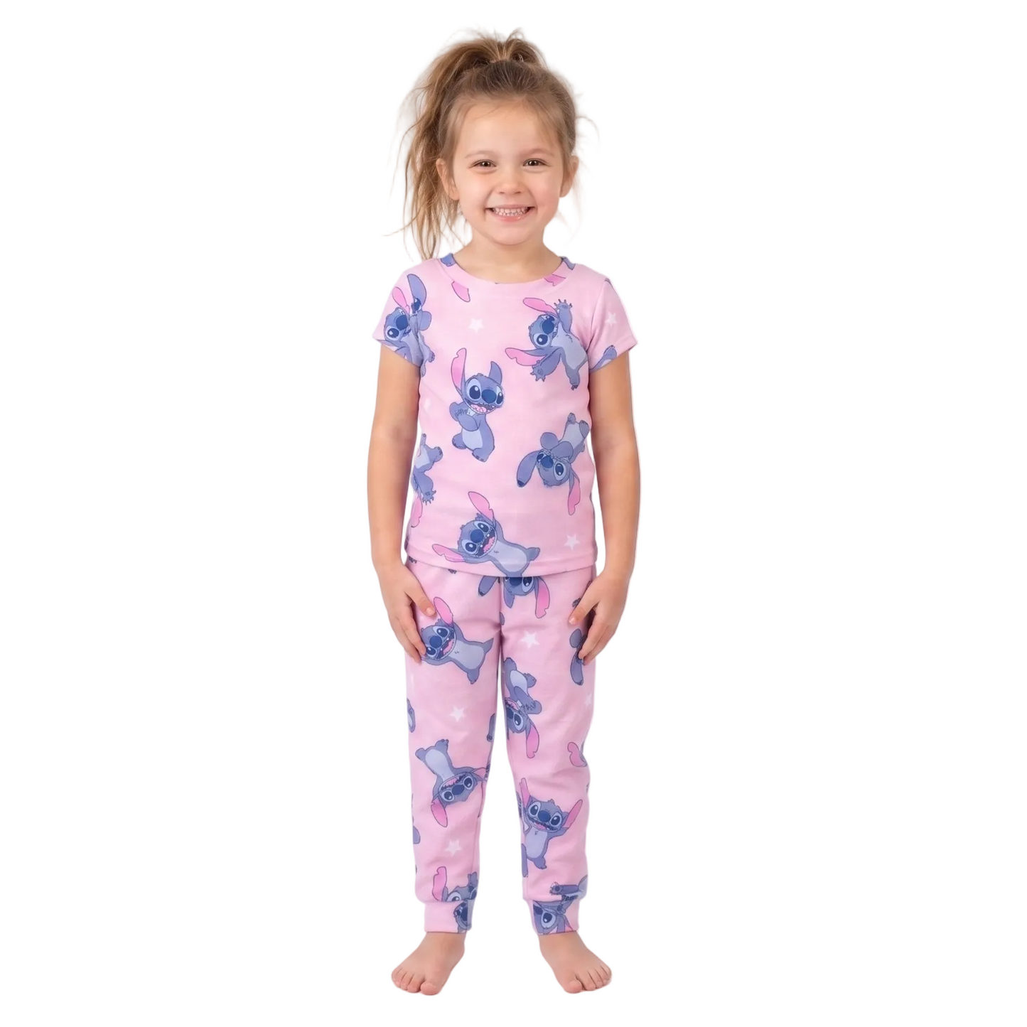 Disney Lilo & Stitch Girls 2-Piece Pajama Set, Short Sleeve All-Over Print Stitch and Stars Graphic Tee and Matching Pants, Pink