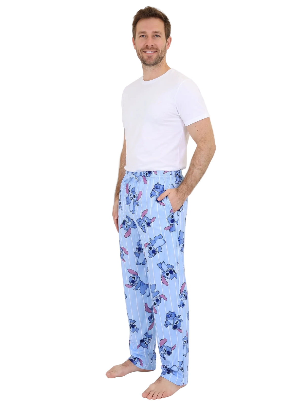Disney Stitch Unisex Pajama Pants Light Blue Pinstripe Print Elastic Drawstring Waist Lounge Pants Adult Sizes S to XL Men and Women