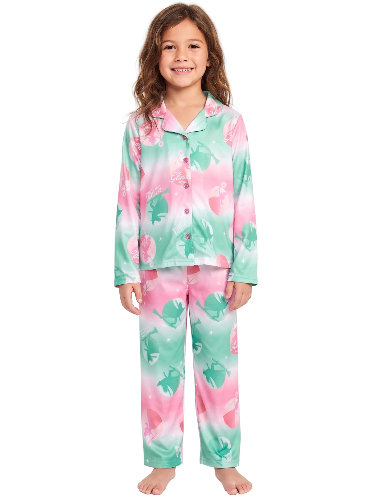 Wicked Glinda and Elphaba Girls 2-Piece Button-Up Pajama Set, Pink and Mint Ombre Print, Long Sleeve Top and Pants, Sizes 4-10