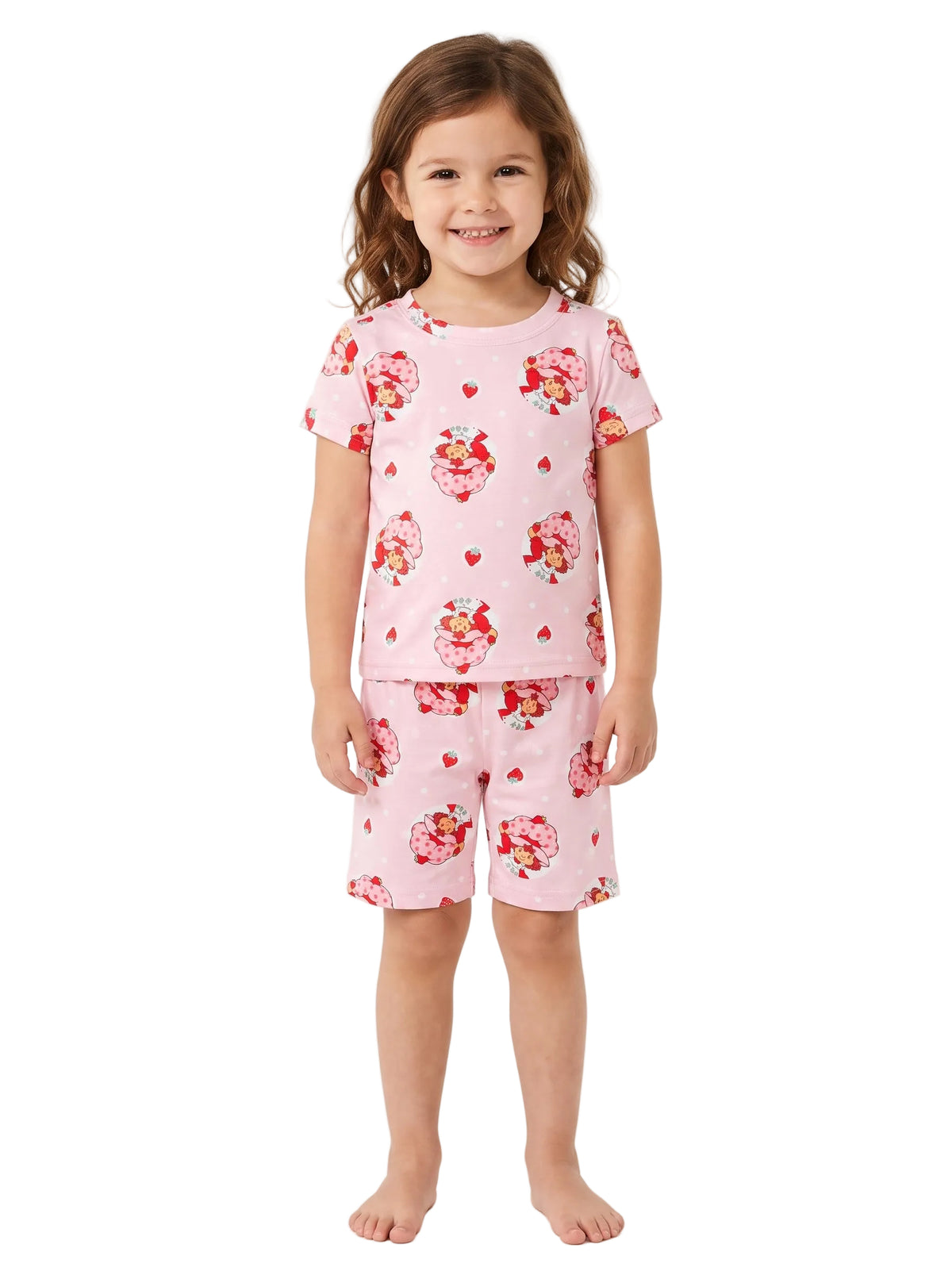 Strawberry Shortcake Kids Short Sleeve Pajama Set, Pink Strawberry Print Top and Shorts, Soft Girls Sleepwear, Sizes 4-8