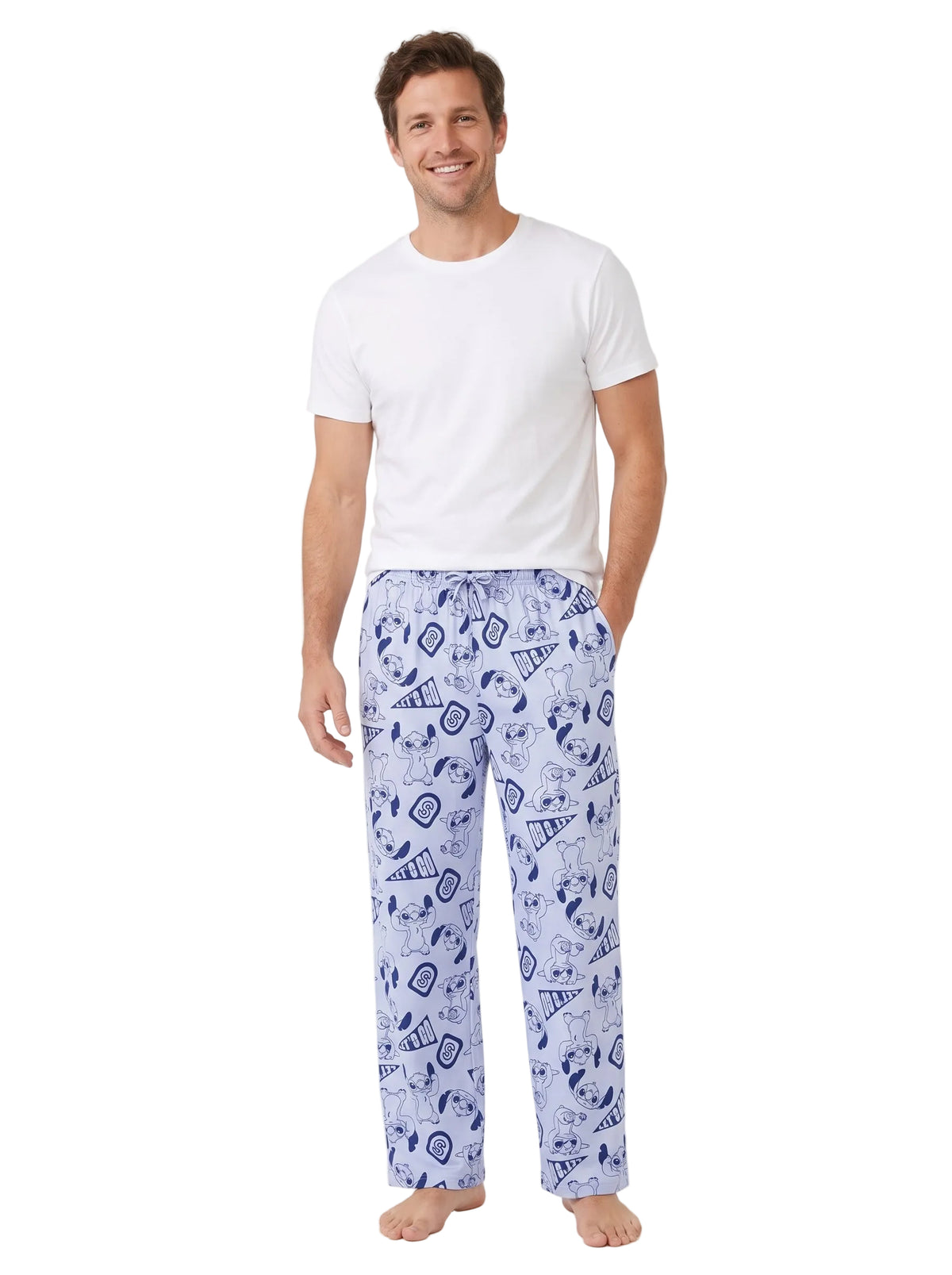 Disney Stitch Men's Pajama Pants Let's Go Print Light Blue Drawstring Lounge Pants Sizes S-XL