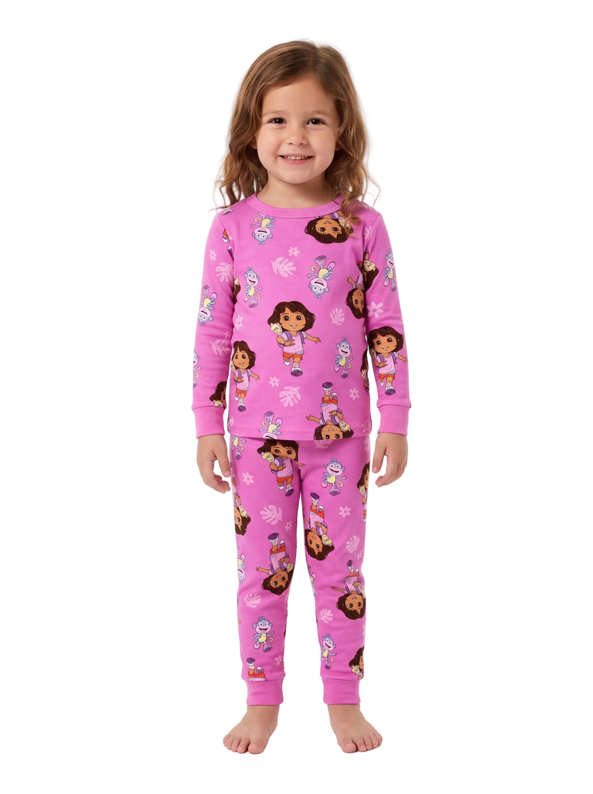 Dora the Explorer Girls Two-Piece Pajama Set, Pink Long Sleeve Top and Pants with Dora and Boots Print, Toddler and Kids Sleepwear
