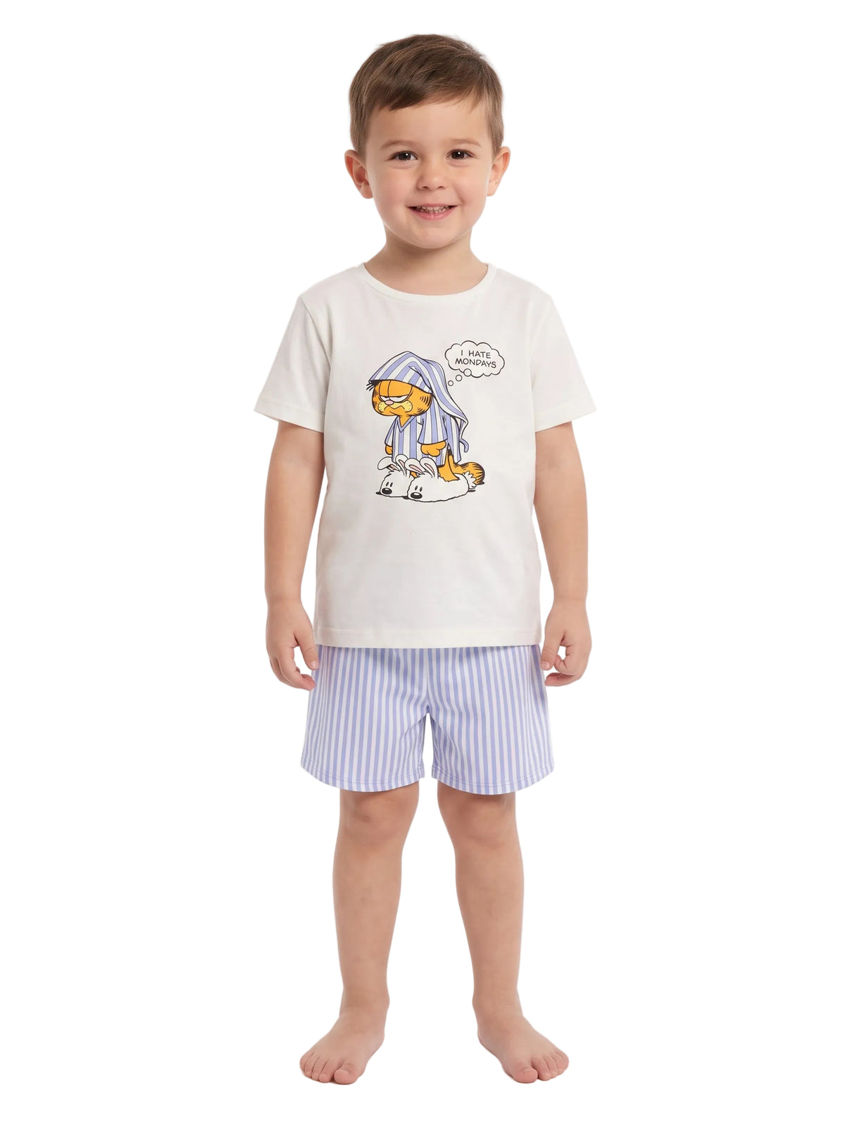 Garfield Kids Unisex Short Sleeve Pajama Set with I Hate Mondays Graphic Tee and Blue Striped Shorts, Size 6