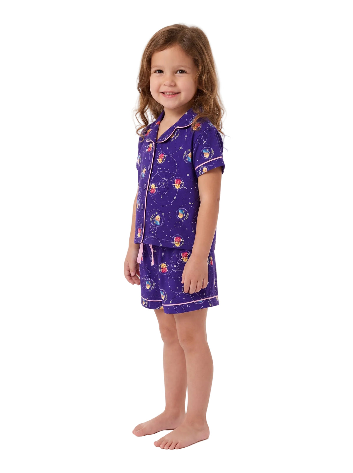 Super Mario Galaxy Movie Girls Short Sleeve Button-Up Pajama Set with Shorts, Purple Galaxy Print with Pink Piping, Sizes 4-10