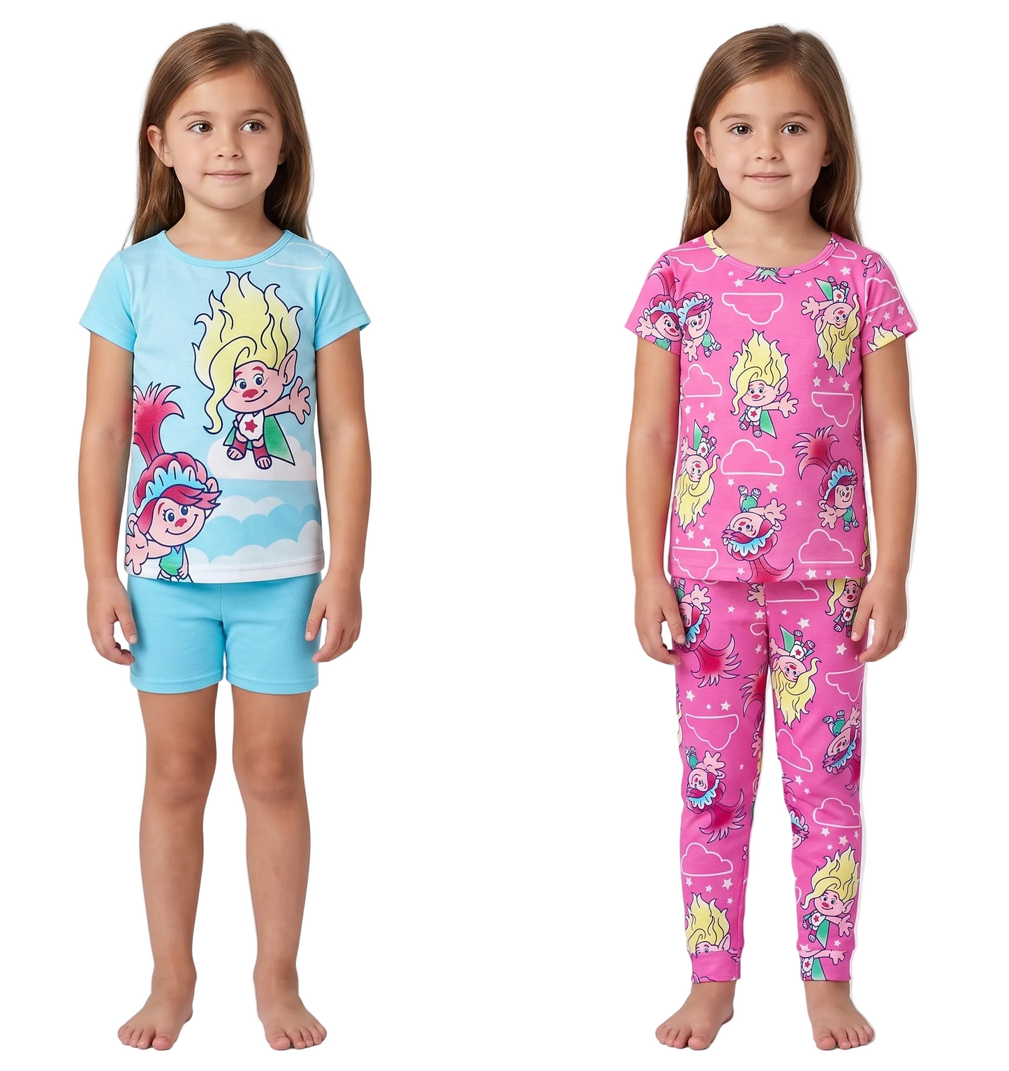 DreamWorks Trolls Girls 4-Piece Cotton Pajama Set, Poppy and Viva Graphic Tees with Matching Pants and Shorts, Pink/Blue