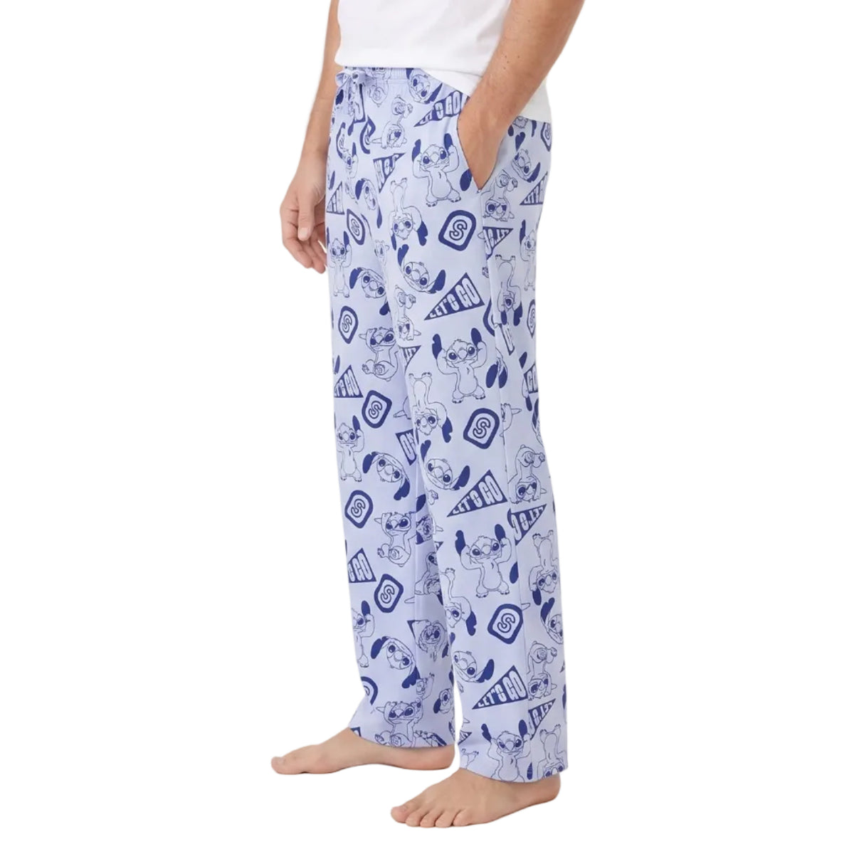 Disney Stitch Men's Pajama Pants Let's Go Print Light Blue Drawstring Lounge Pants Sizes S-XL