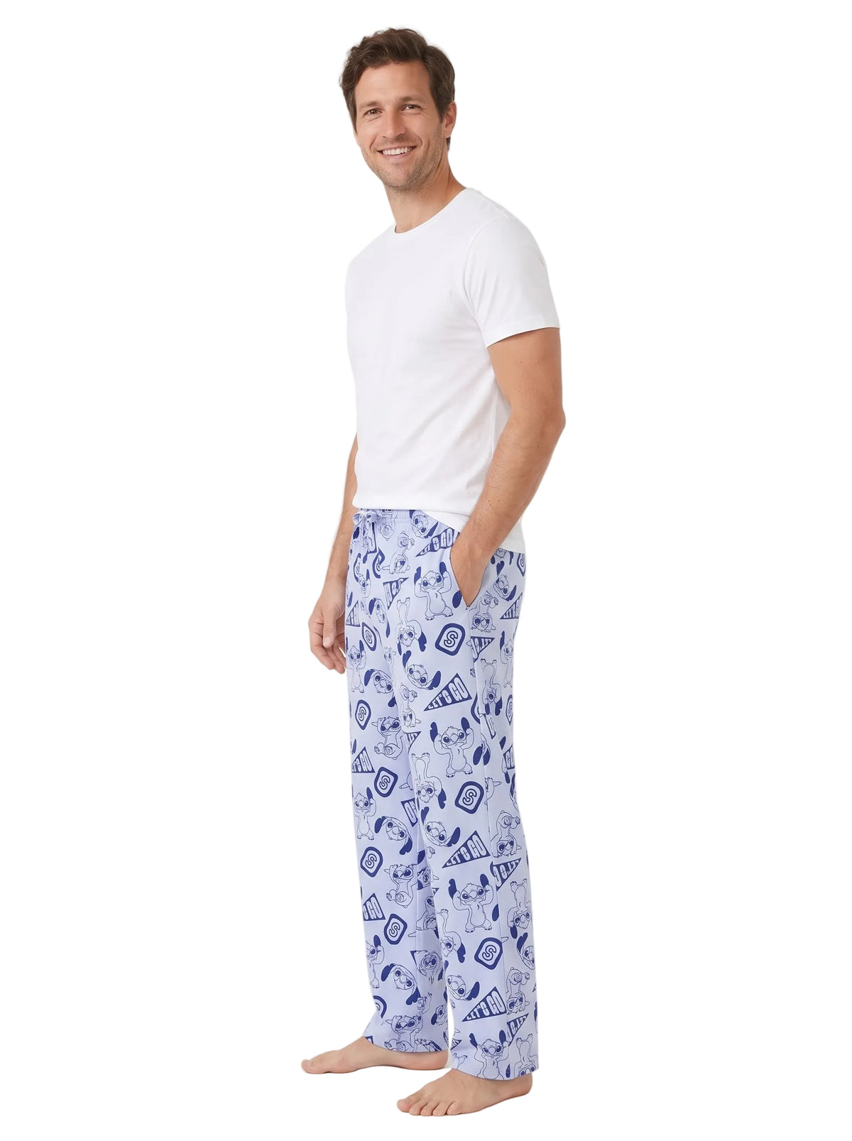 Disney Stitch Men's Pajama Pants Let's Go Print Light Blue Drawstring Lounge Pants Sizes S-XL