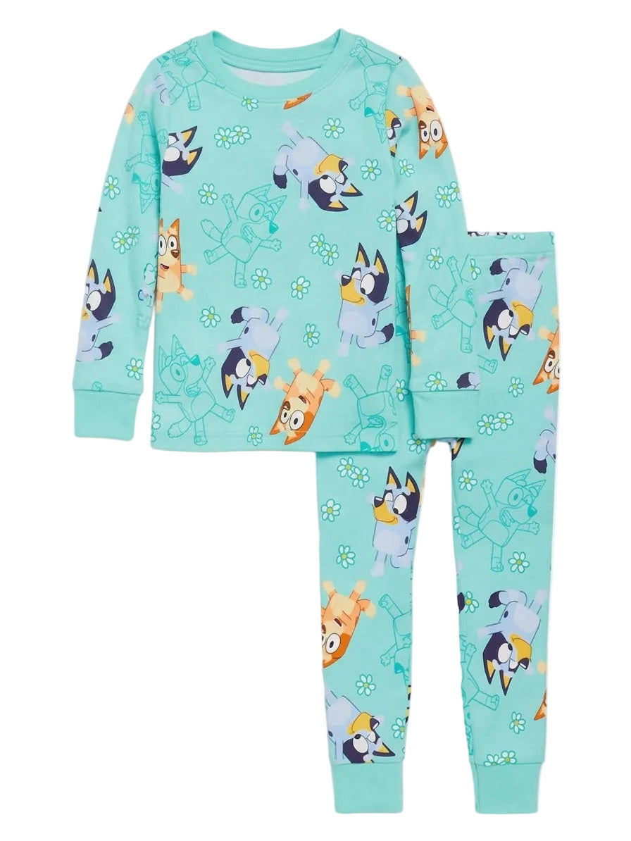 Bluey Toddler Girls Two-Piece Pajama Set Long Sleeve Top and Pants Aqua Floral Character Print Size 3T