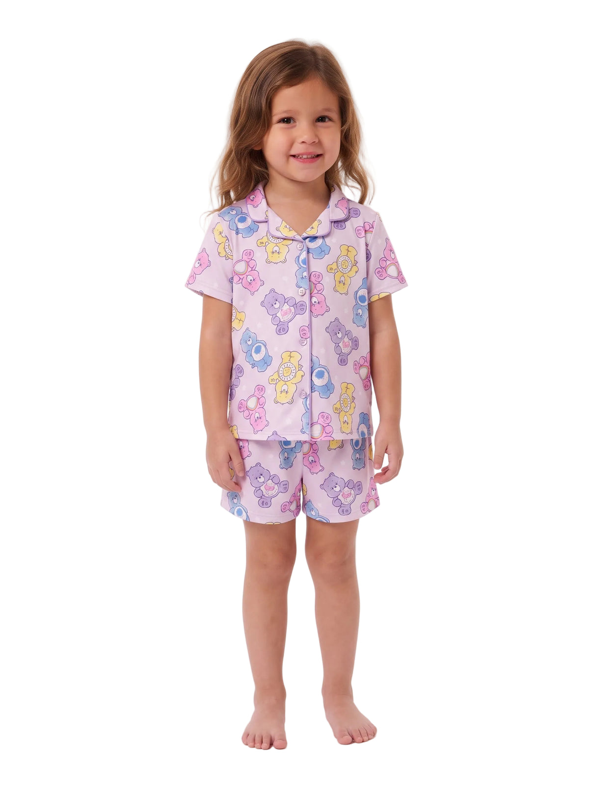 Care Bears Toddler Girls 2-Piece Pajama Set, Short Sleeve Button-Front Top and Shorts, Pink Lavender Character Print, Sleepwear, Sizes 2T-4T