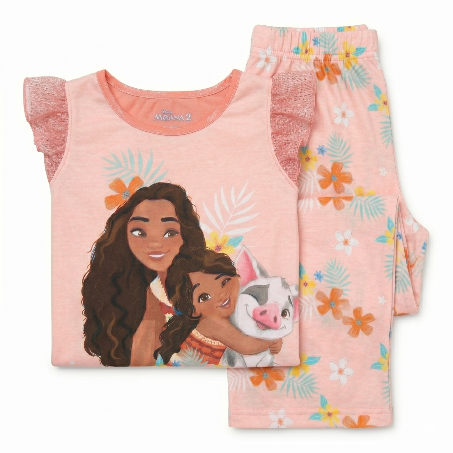 Disney Moana Girls 2-Piece Pajama Set, Short Sleeve Graphic Tee and Matching Tropical Print Pants, Teal and Coral