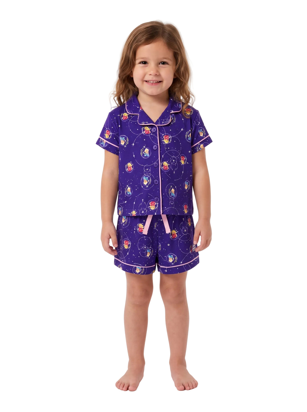 Super Mario Galaxy Movie Girls Short Sleeve Button-Up Pajama Set with Shorts, Purple Galaxy Print with Pink Piping, Sizes 4-10