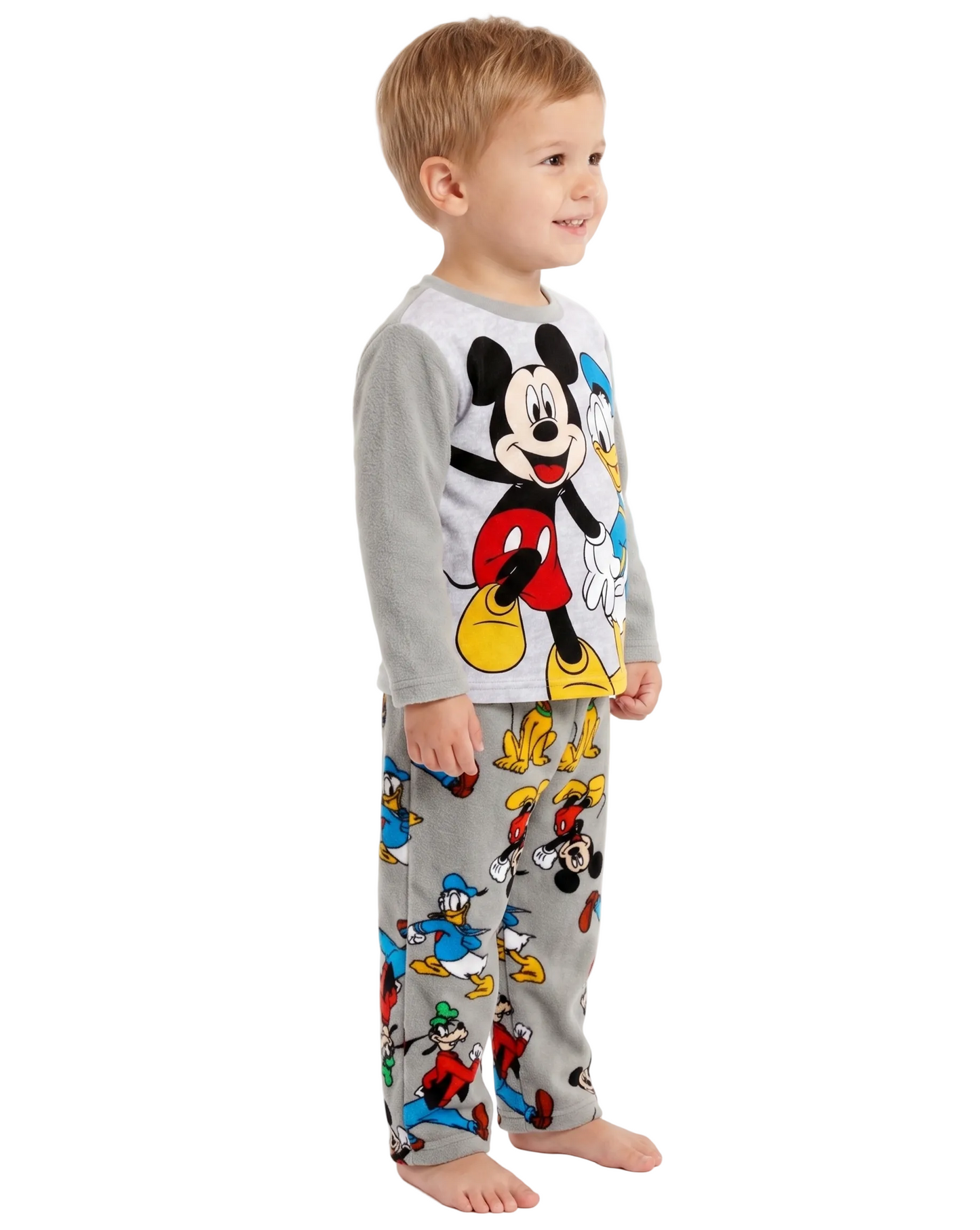 Disney Mickey and Friends Boys 2-Piece Fleece Pajama Set, Long Sleeve Mickey and Donald Graphic Raglan Top and Pants, Gray