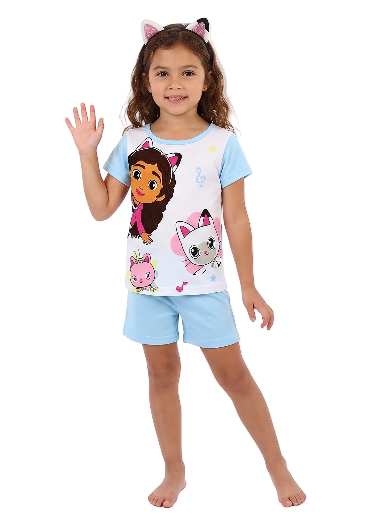 Gabby's Dollhouse Girls 4-Piece Cotton Pajama Set, Gabby Pandy Paws and Mercat Graphic Tees and Matching Shorts, Yellow/Blue