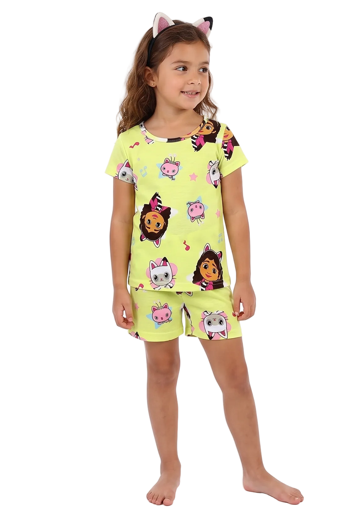 Gabby's Dollhouse Girls 4-Piece Cotton Pajama Set, Gabby Pandy Paws and Mercat Graphic Tees and Matching Shorts, Yellow/Blue