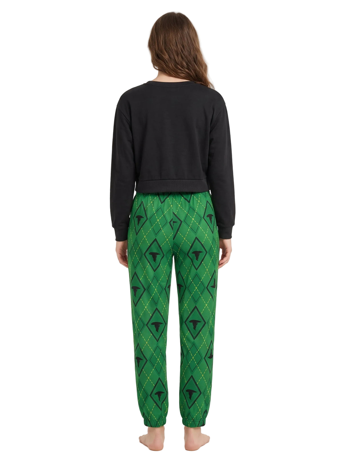Wicked Defy Gravity Women's Pajama Set Black Long Sleeve Cropped Top and Green Argyle Jogger Pants Sizes S-XL