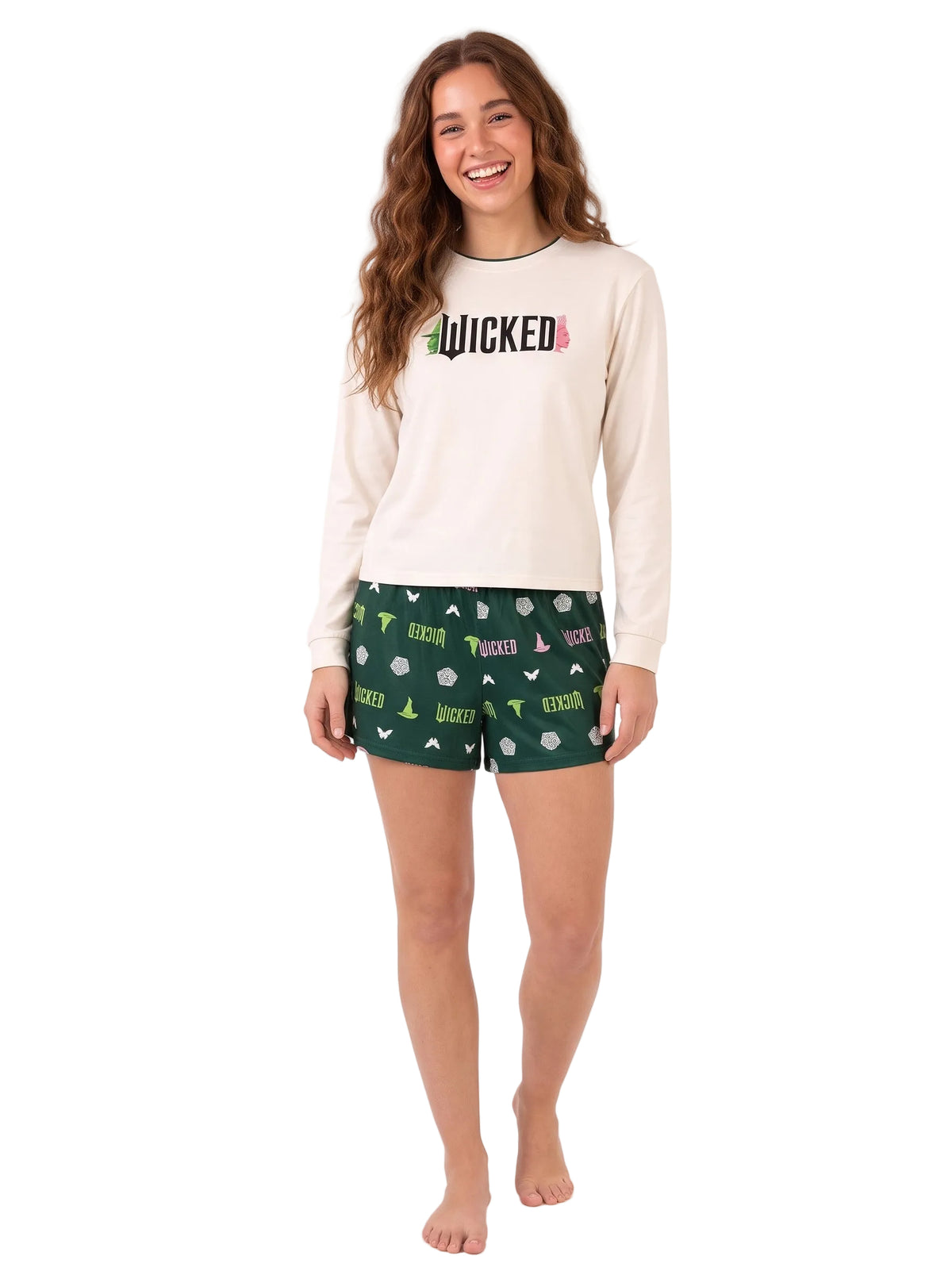Wicked Women's Pajama Set Long Sleeve Cream Top and Green Allover Print Shorts Sleepwear Set Sizes S-XL