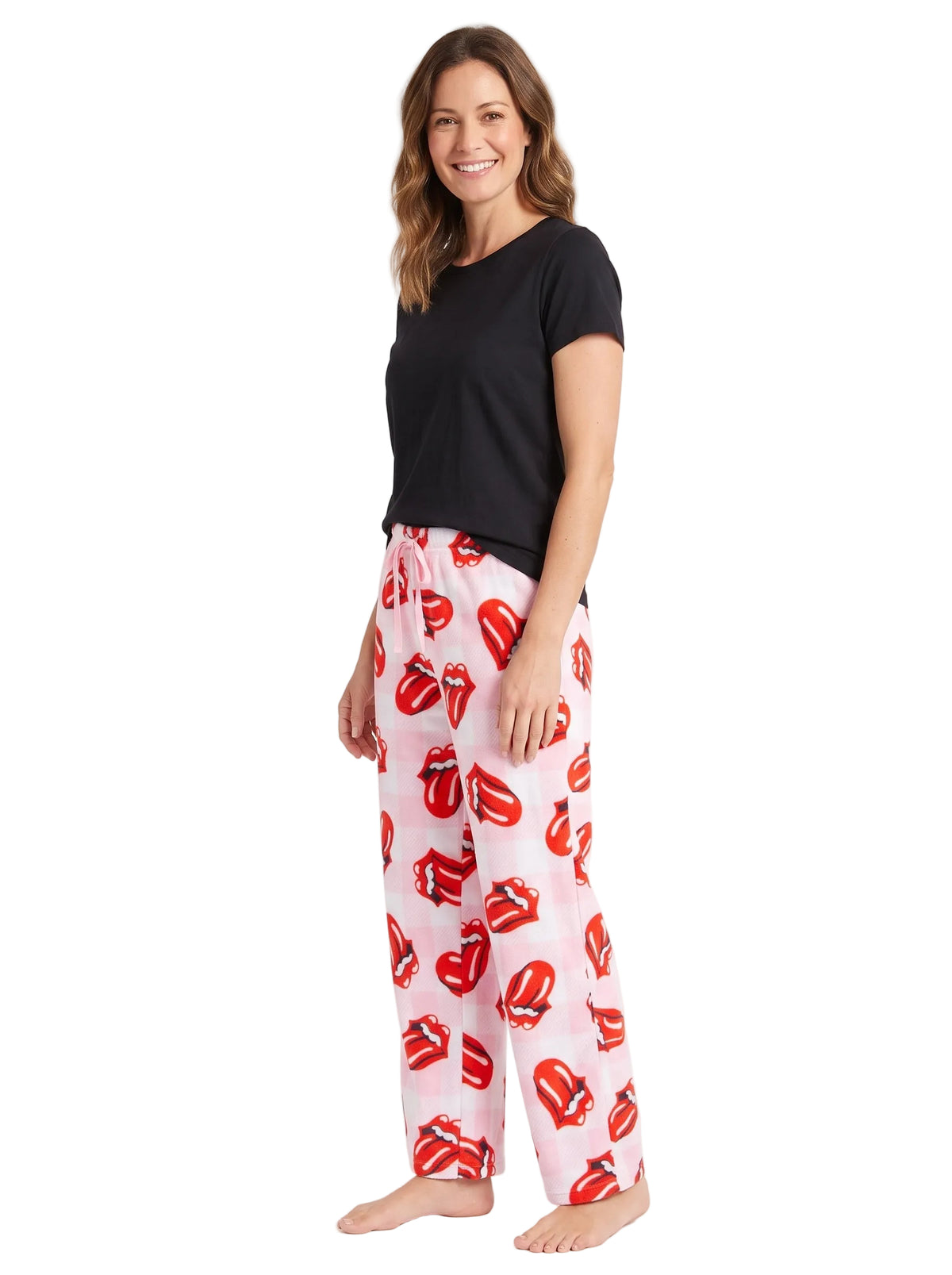 The Rolling Stones Women's Plush Pajama Pants, Red Tongue and Lips Logo on Pink Plaid, Drawstring Waist, Sizes S to XL