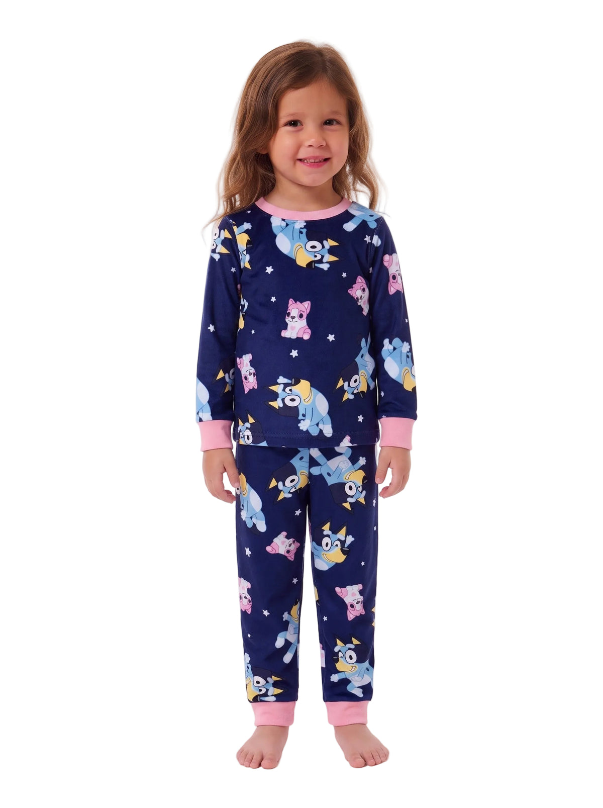 Bluey Toddler Pajama Set Long Sleeve Top and Pants with Bluey and Bingo Star Print Navy and Pink Sleepwear Size 2T-4T