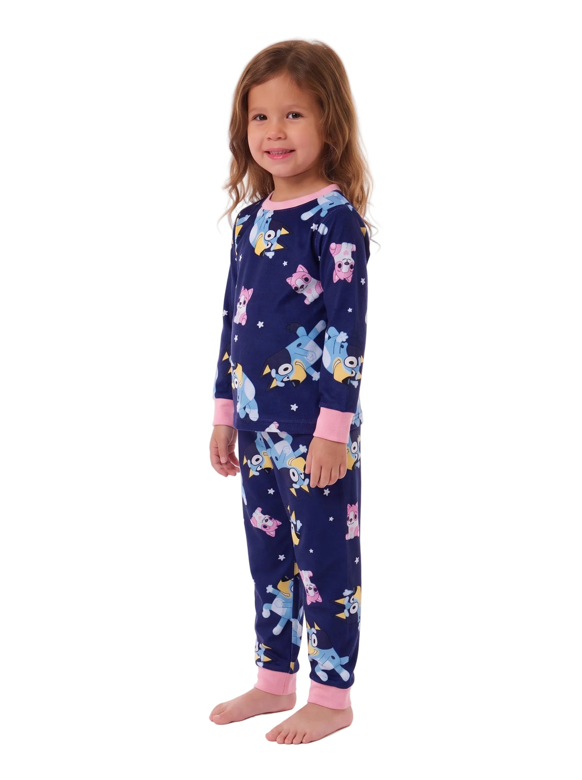 Bluey Toddler Pajama Set Long Sleeve Top and Pants with Bluey and Bingo Star Print Navy and Pink Sleepwear Size 2T-4T