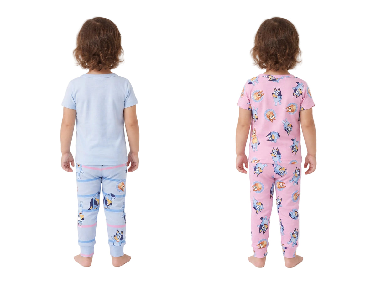 Bluey Toddler Girls 4-Piece Short Sleeve Pajama Set with Tops and Pants, Blue and Pink Character Print, Size 2T