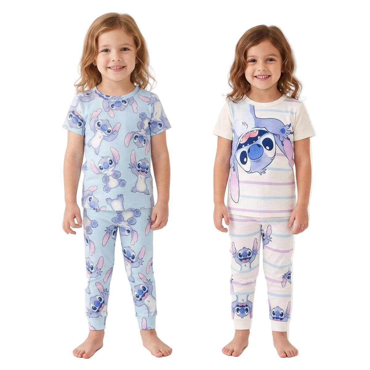 Disney Stitch Girls 4 Piece Pajama Set, Two Short Sleeve Tops and Two Jogger Pants, Light Blue and Striped, Sizes 18M to 5T