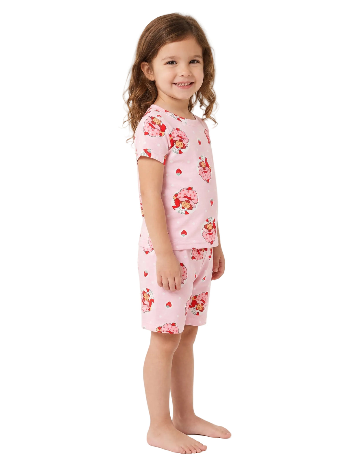 Strawberry Shortcake Kids Short Sleeve Pajama Set, Pink Strawberry Print Top and Shorts, Soft Girls Sleepwear, Sizes 4-8