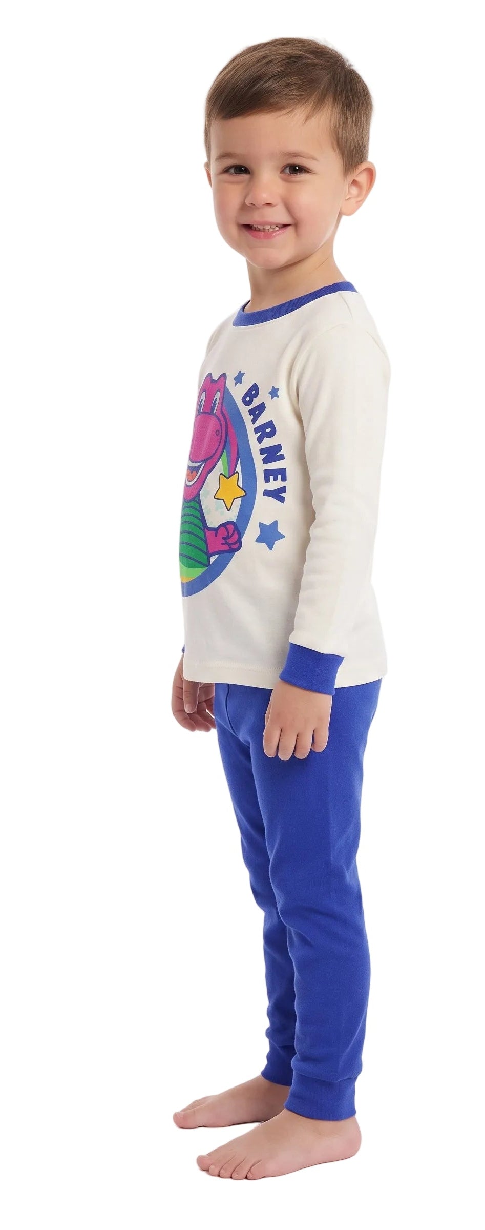 Barney Toddler Unisex 4-Piece Pajama Set with Long Sleeve Tops and Jogger Pants, Cream and Blue and Gray Character Print, Sizes 2T-4T