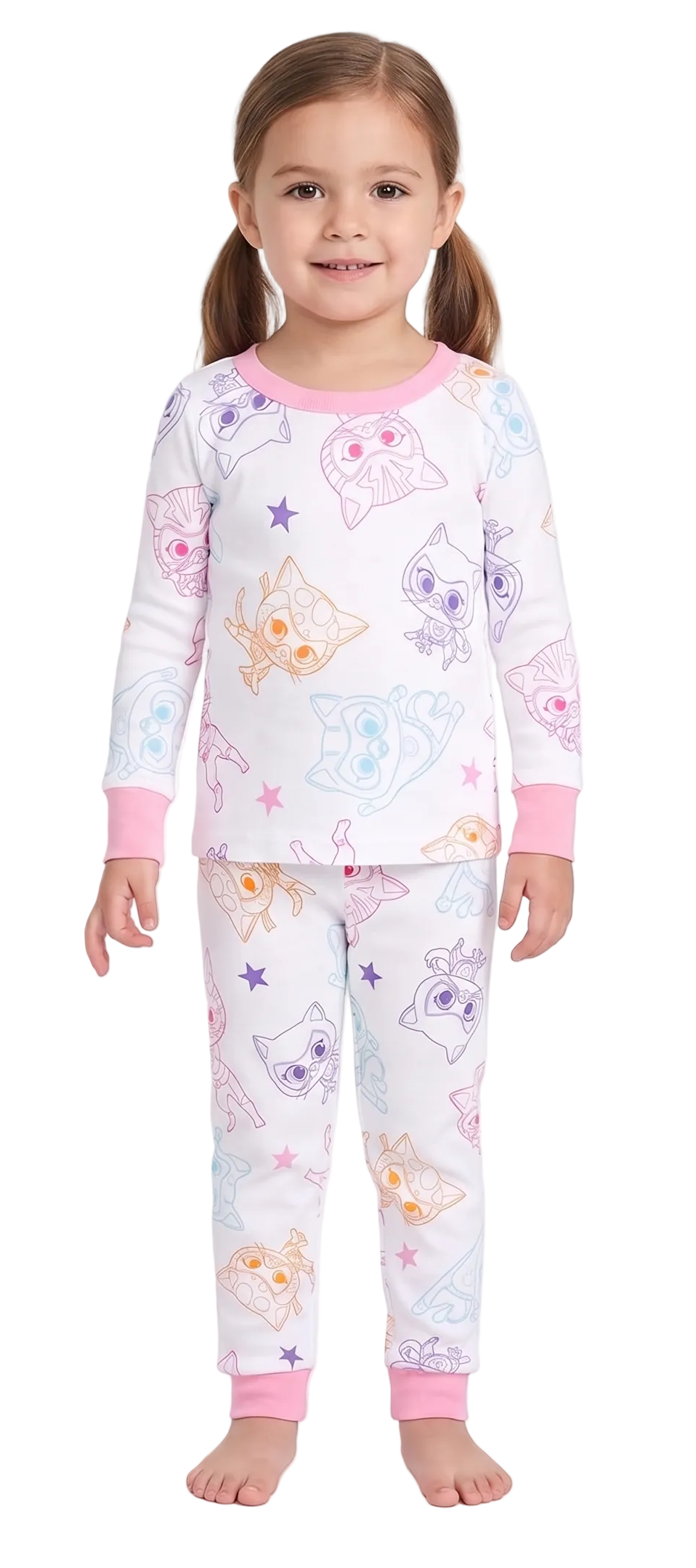SuperKitties Girls 4-Piece Cotton Pajama Set, Ginny Buddy Bitsy and Sparks Graphic Tees and Matching Pants, Pink/White