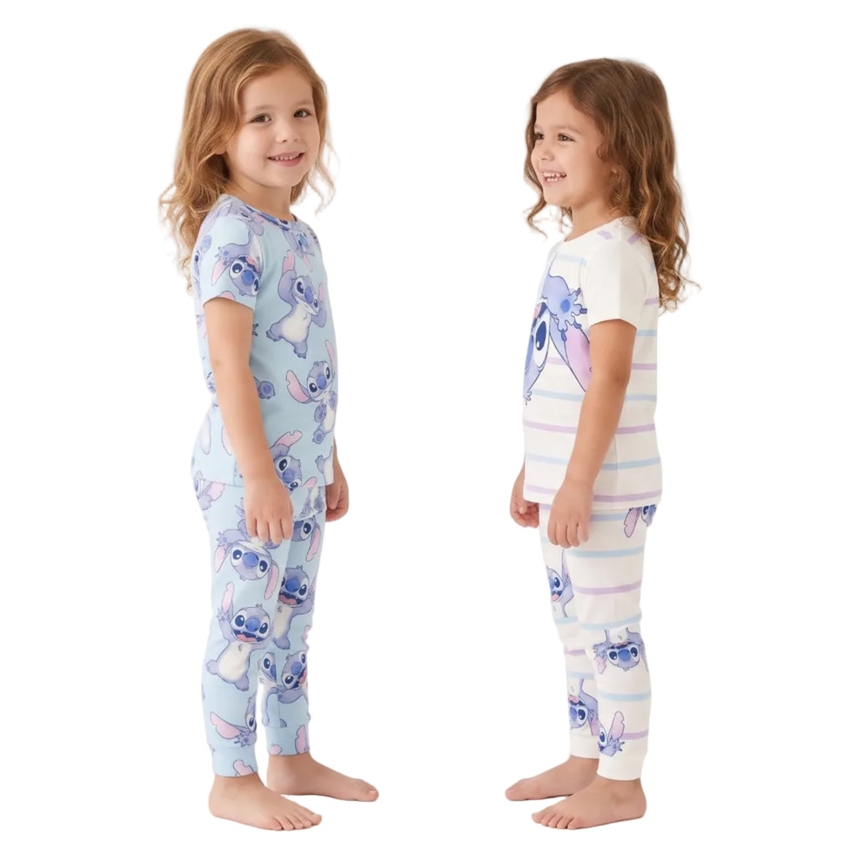 Disney Stitch Girls 4 Piece Pajama Set, Two Short Sleeve Tops and Two Jogger Pants, Light Blue and Striped, Sizes 18M to 5T
