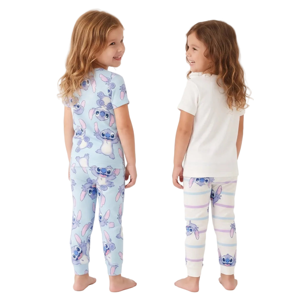Disney Stitch Girls 4 Piece Pajama Set, Two Short Sleeve Tops and Two Jogger Pants, Light Blue and Striped, Sizes 18M to 5T