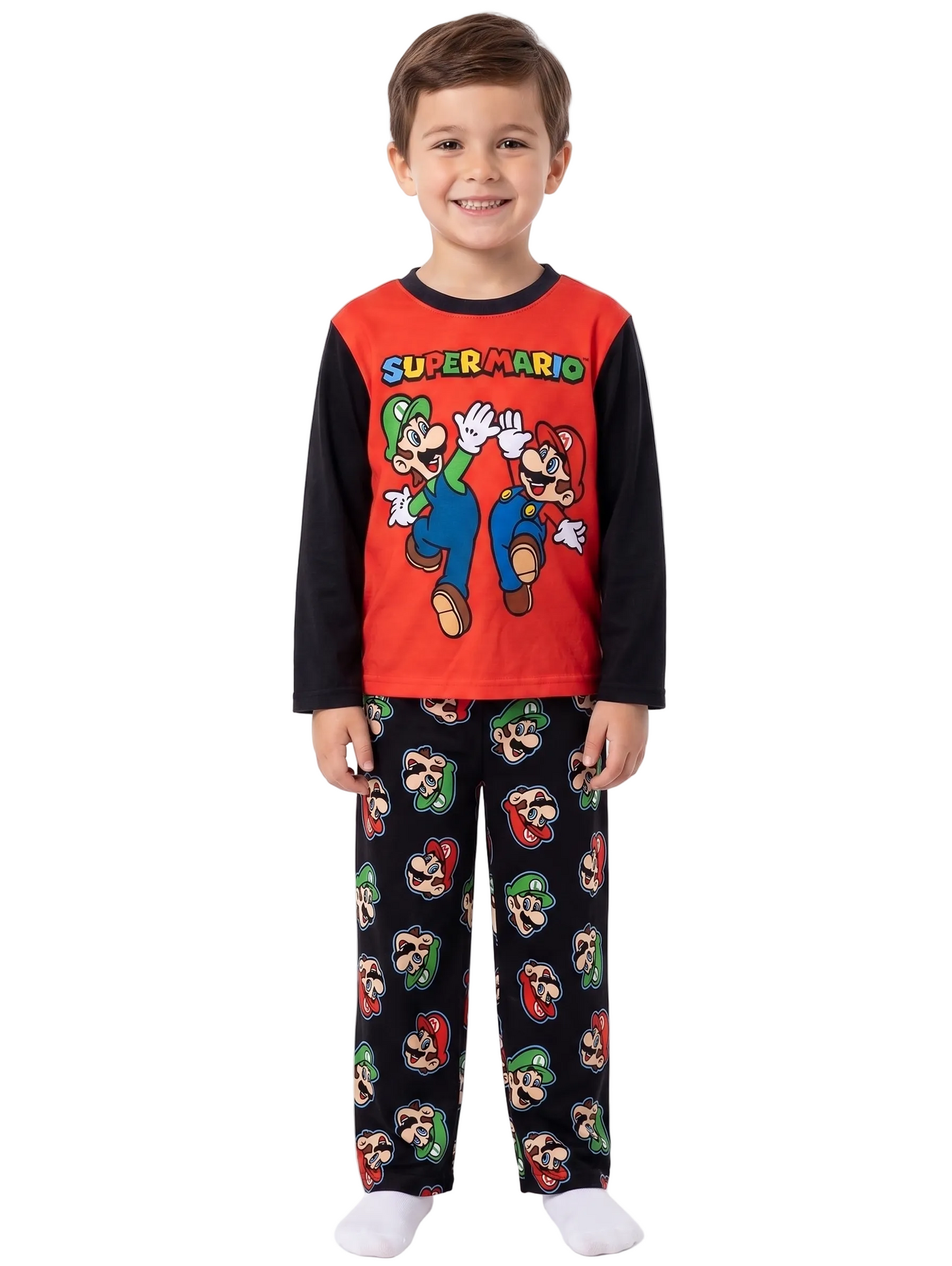 Super Mario Bros Boys 2-Piece Pajama Set – Long Sleeve Top and Pants Sleepwear, Kids Set