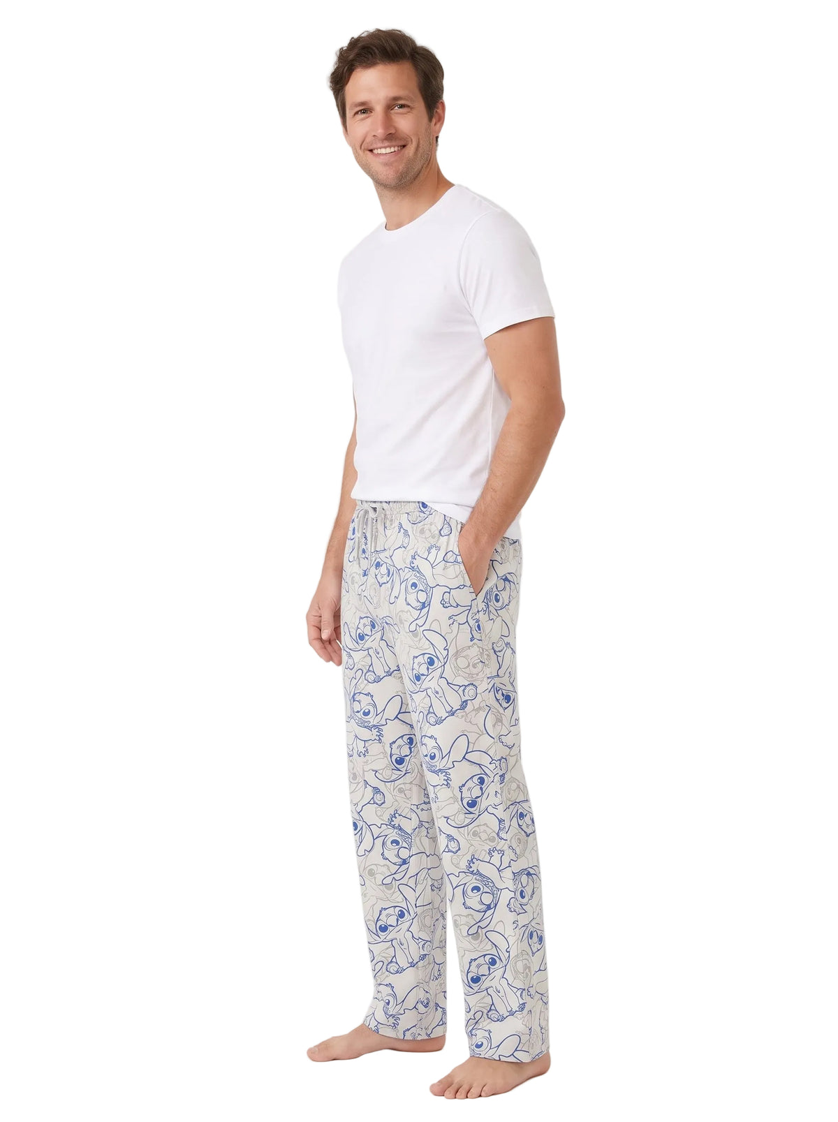 Disney Stitch Men's Pajama Pants Lounge Sleep Bottoms Elastic Drawstring Waist Allover Blue and Gray Print Sizes S to XL