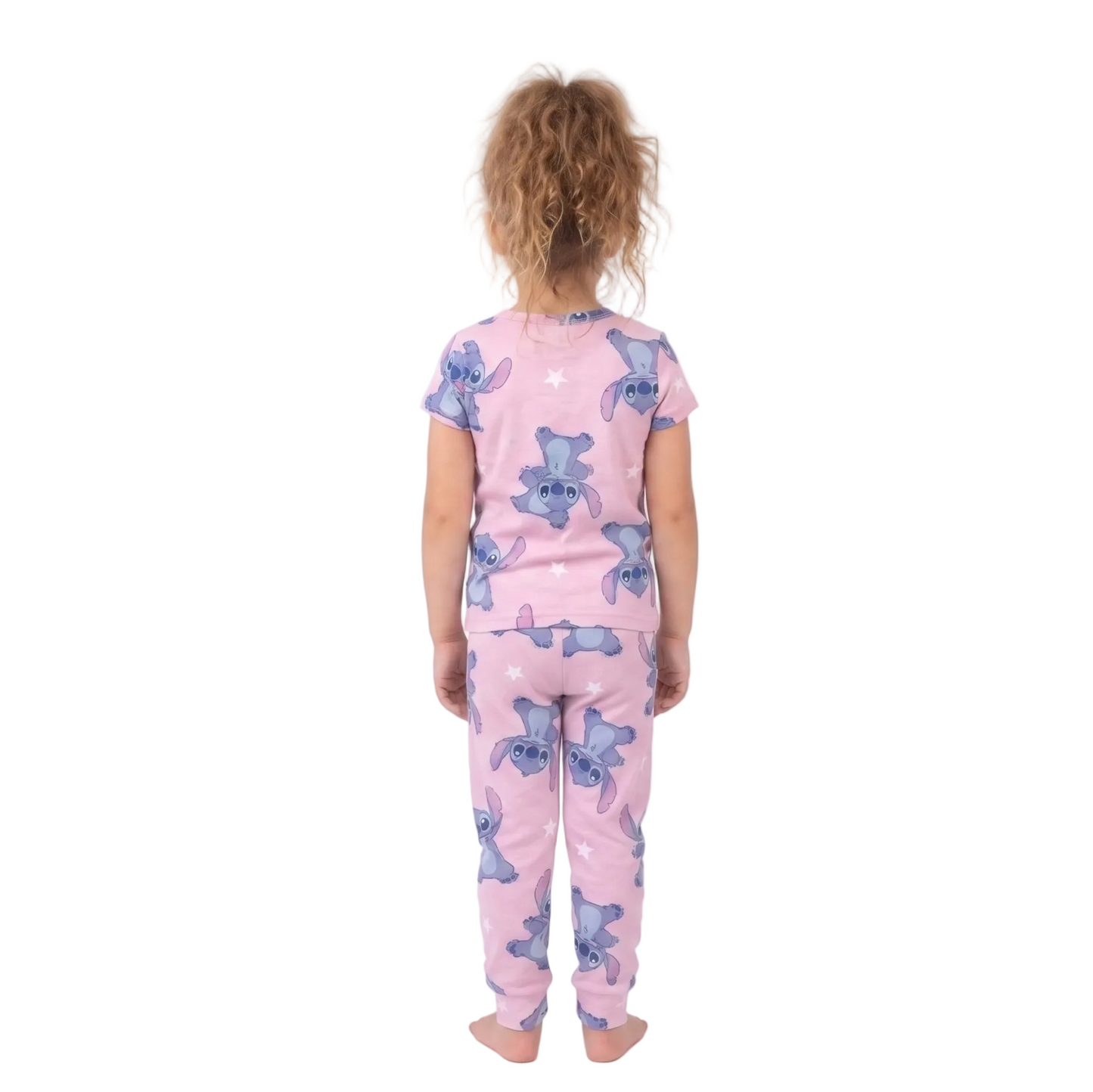 Disney Lilo & Stitch Girls 2-Piece Pajama Set, Short Sleeve All-Over Print Stitch and Stars Graphic Tee and Matching Pants, Pink