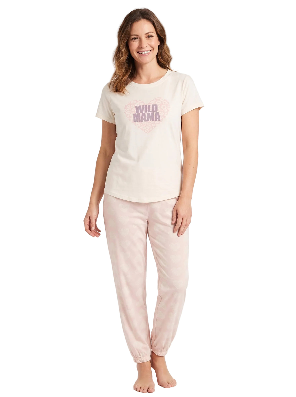 Dearfoams Womens Wild Mama Pajama Set Short Sleeve Graphic Tee and Heart Print Jogger Pants Cream and Pink Sizes S-XL