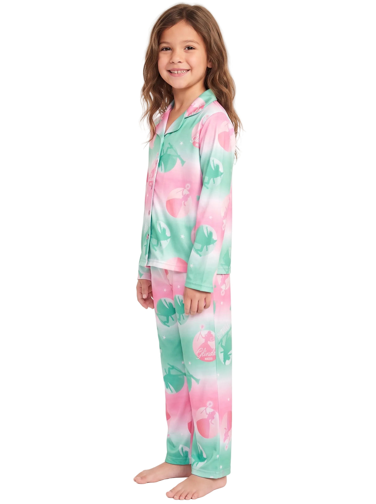 Wicked Glinda and Elphaba Girls 2-Piece Button-Up Pajama Set, Pink and Mint Ombre Print, Long Sleeve Top and Pants, Sizes 4-10