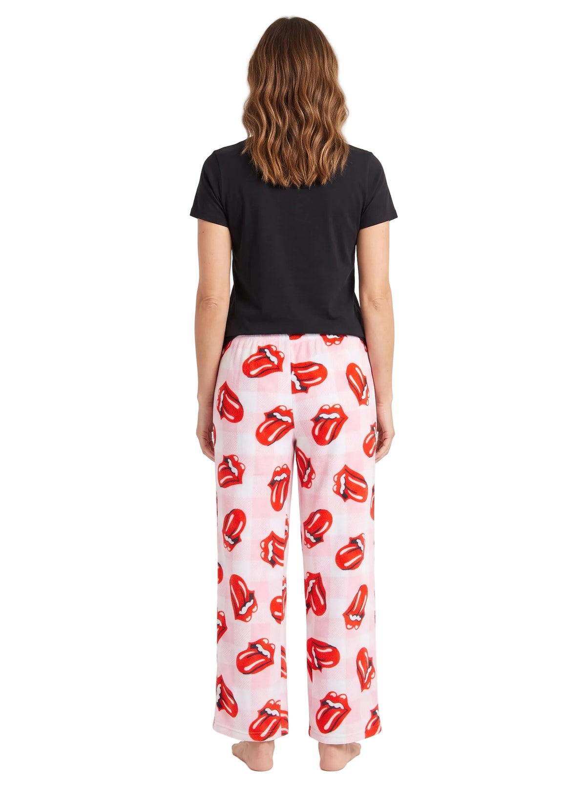The Rolling Stones Women's Plush Pajama Pants, Red Tongue and Lips Logo on Pink Plaid, Drawstring Waist, Sizes S to XL