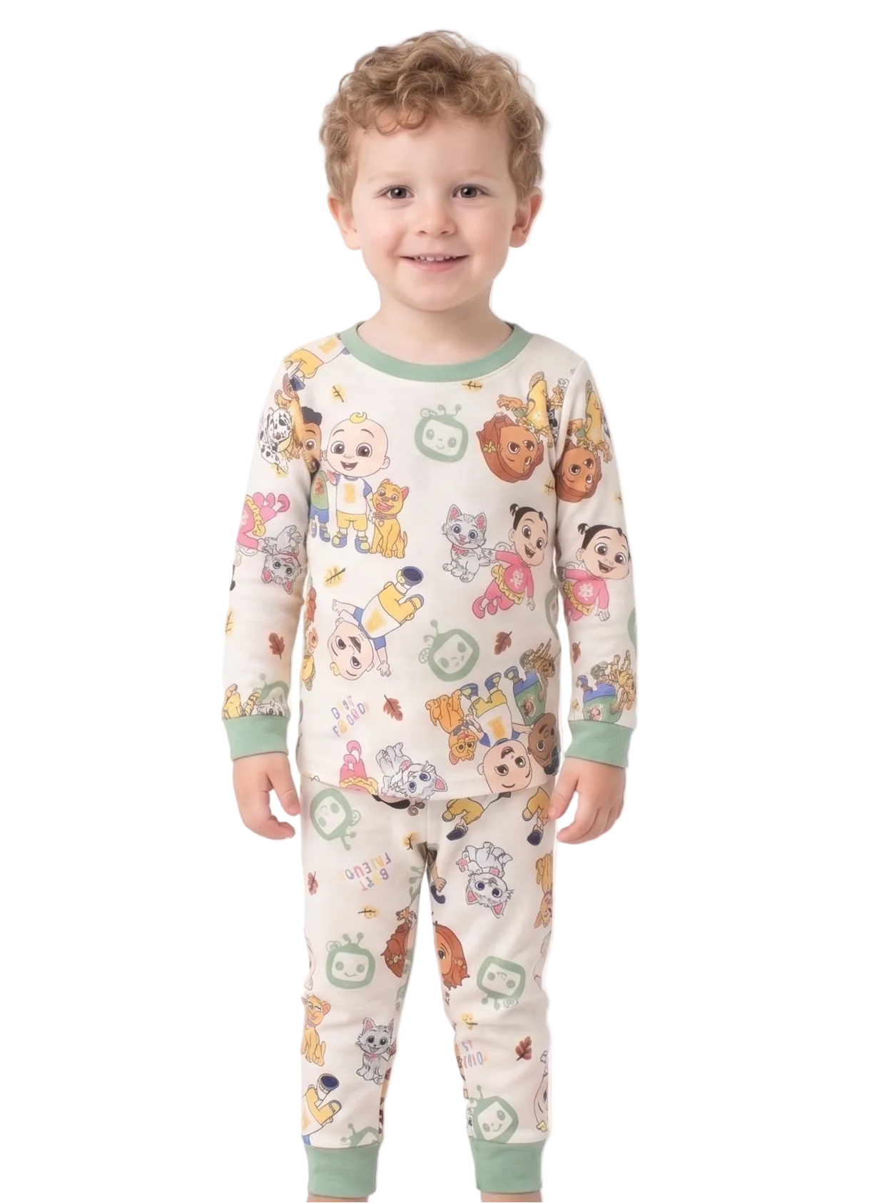 CoComelon Unisex 4-Piece Cotton Pajama Set, JJ and Friends "Best Friends" Graphic Tees and Matching Pants, Sage Green/Cream