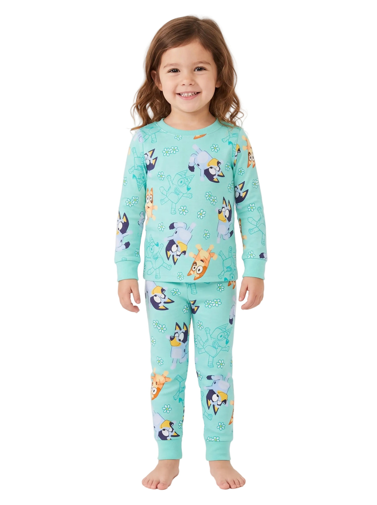 Bluey Toddler Girls Two-Piece Pajama Set Long Sleeve Top and Pants Aqua Floral Character Print Size 3T