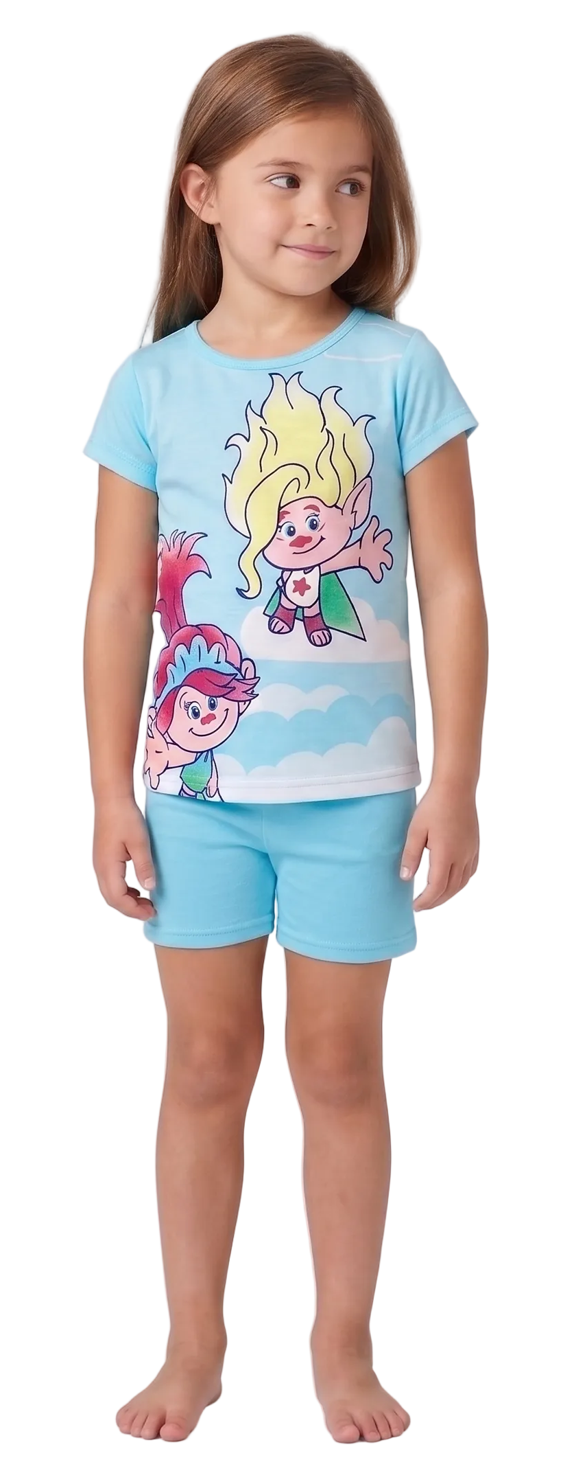DreamWorks Trolls Girls 4-Piece Cotton Pajama Set, Poppy and Viva Graphic Tees with Matching Pants and Shorts, Pink/Blue