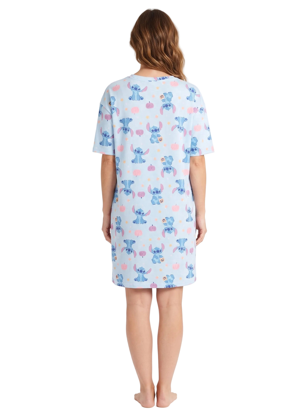 Disney Stitch Women's Nightgown Halloween Pumpkin Print Short Sleeve Sleep Shirt Dress Light Blue Sizes S to XL