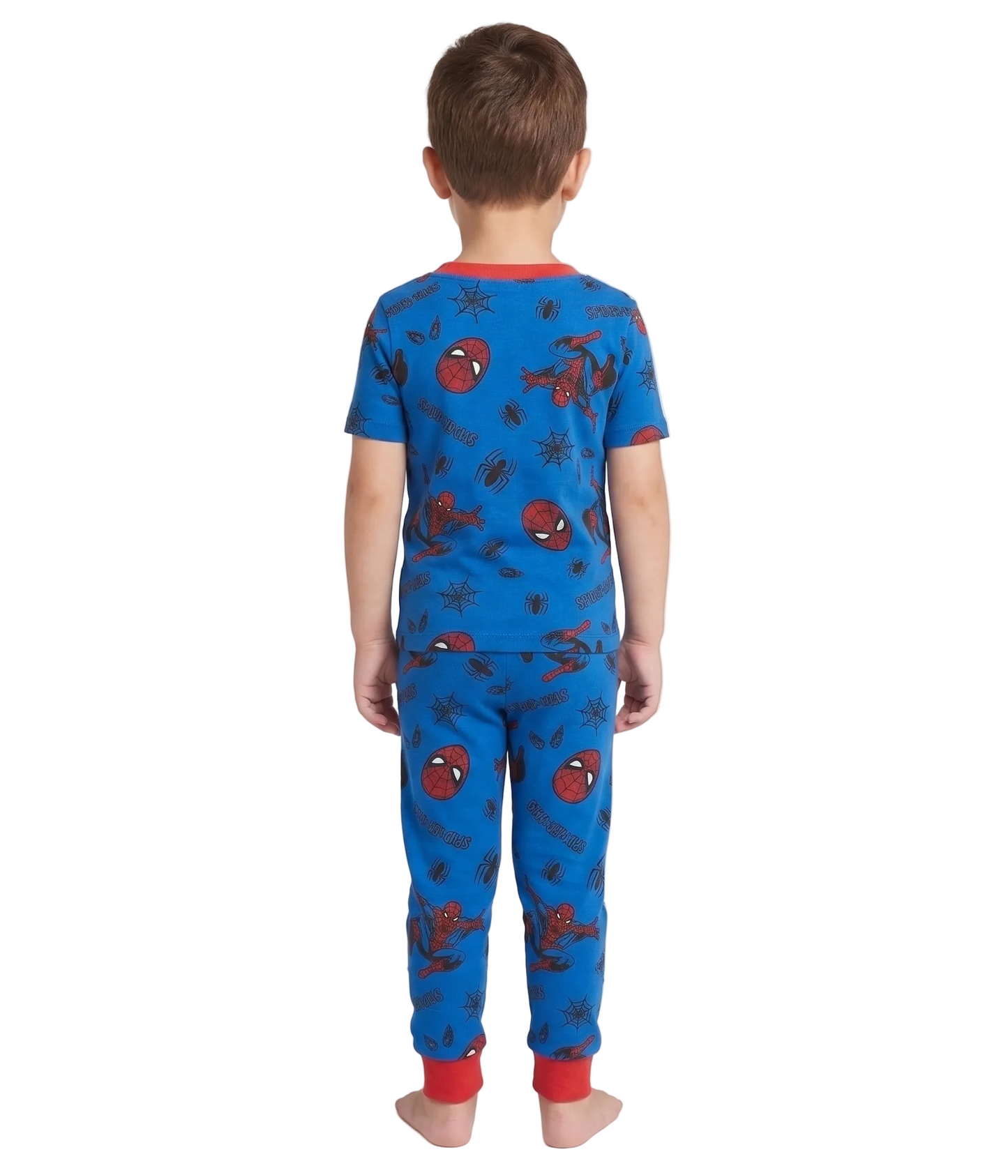 Marvel Spider-Man Boys 2-Piece Pajama Set, Short Sleeve All-Over Print Graphic Tee and Matching Pants, Royal Blue/Red