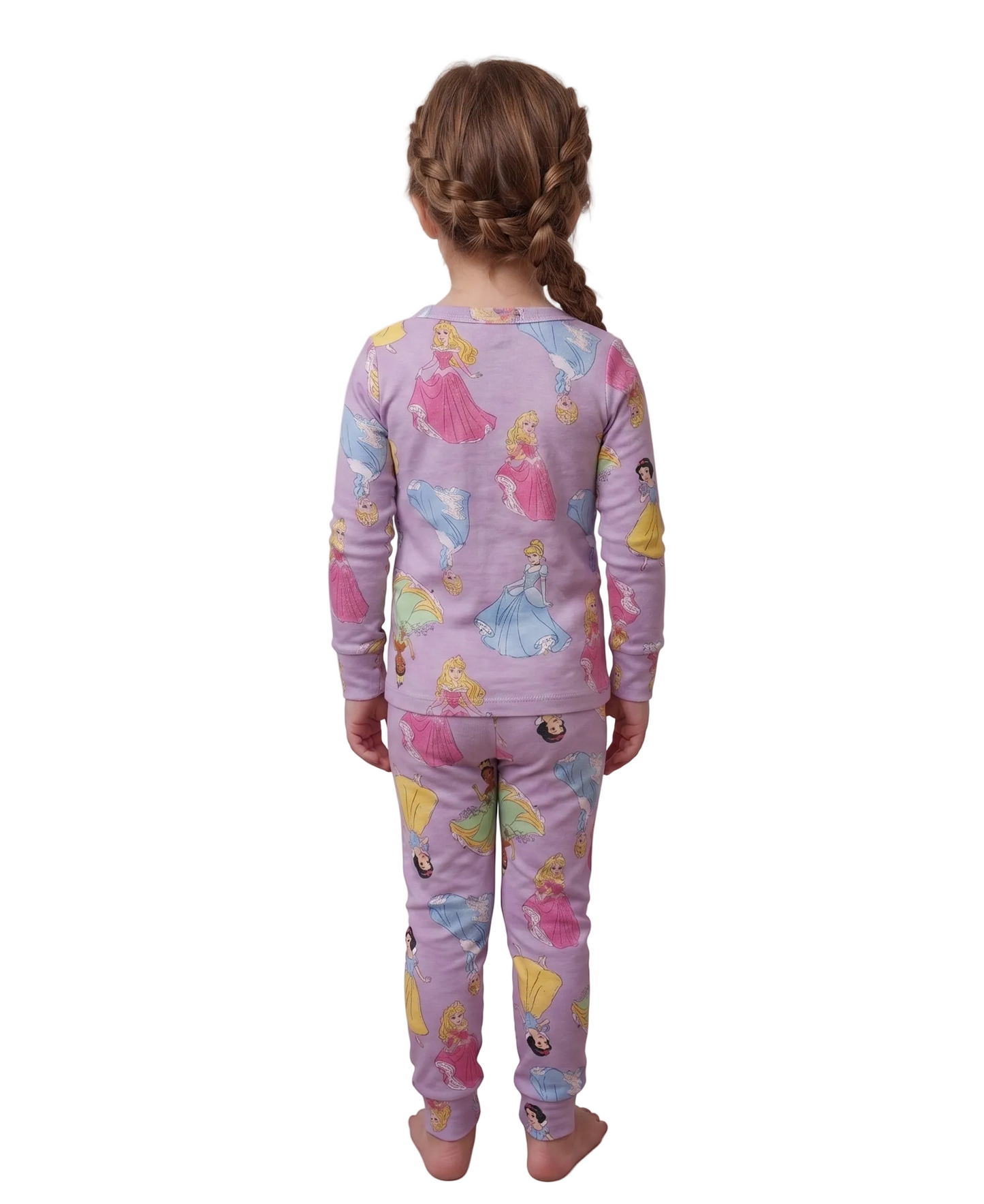 Disney Princess Girls 2-Piece Cotton Pajama Set, Long Sleeve Tiana Snow White Cinderella All-Over Print Top and Pants, Purple