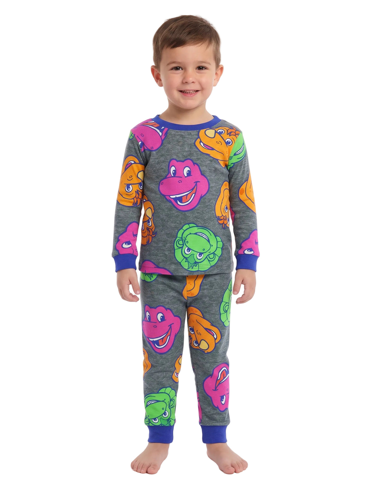Barney Toddler Unisex 4-Piece Pajama Set with Long Sleeve Tops and Jogger Pants, Cream and Blue and Gray Character Print, Sizes 2T-4T